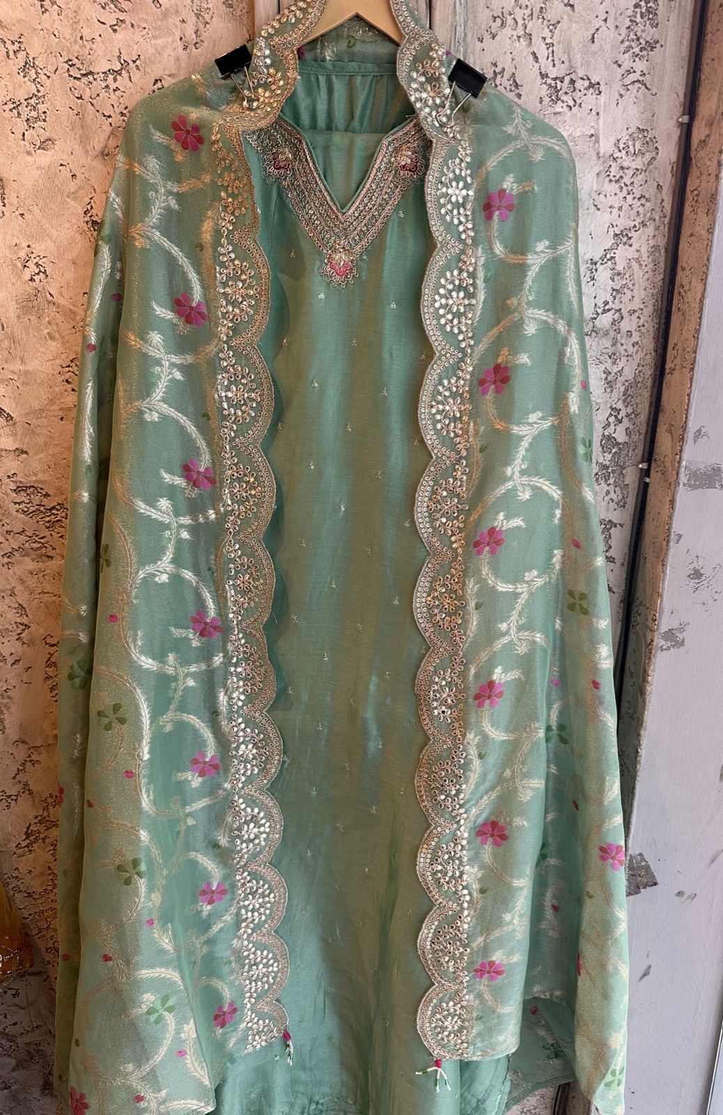 Pure russian silk unstitched shirt with beautiful pattern plus embroidery on neckline