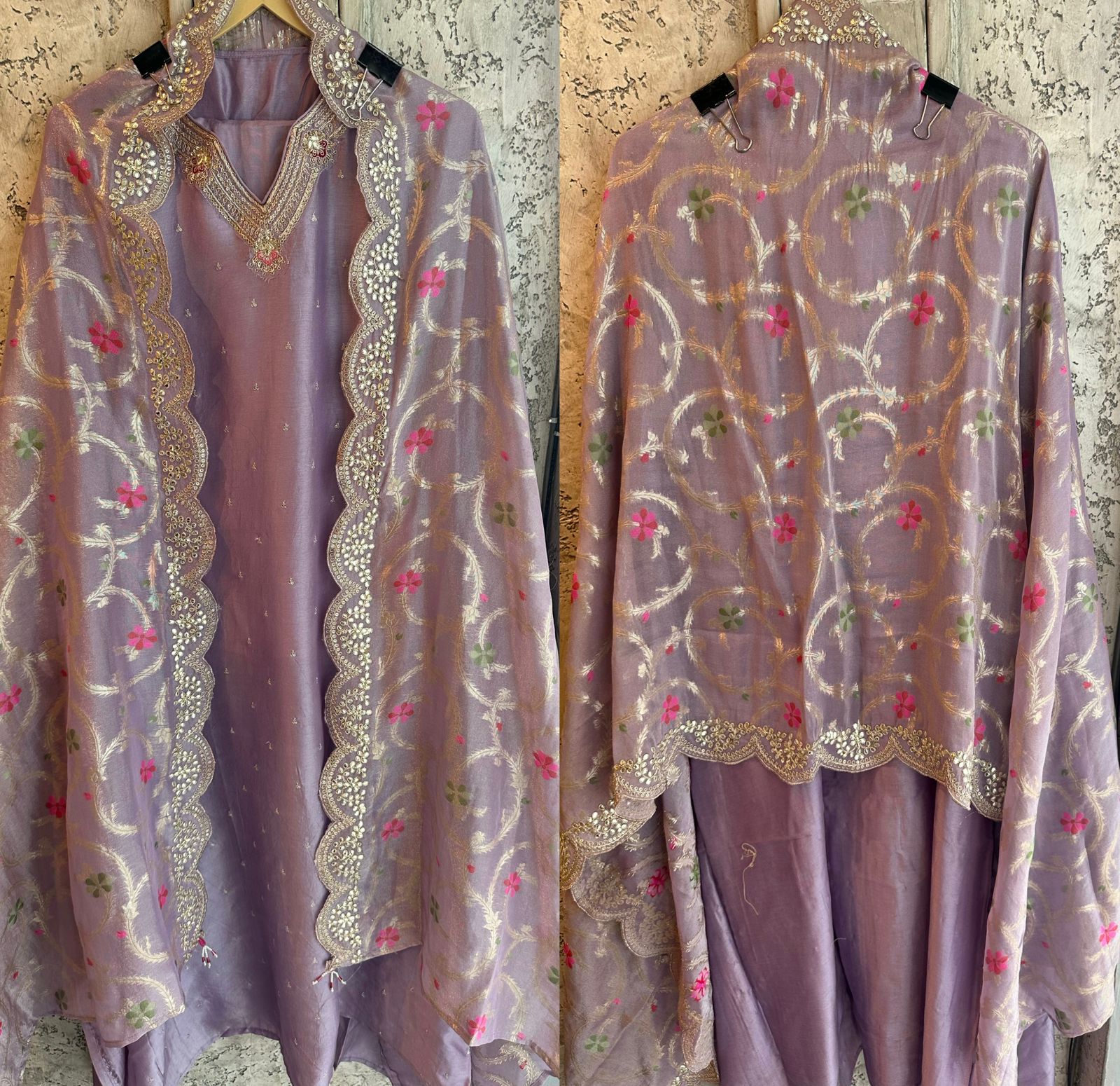 Pure russian silk unstitched shirt with beautiful pattern plus embroidery on neckline