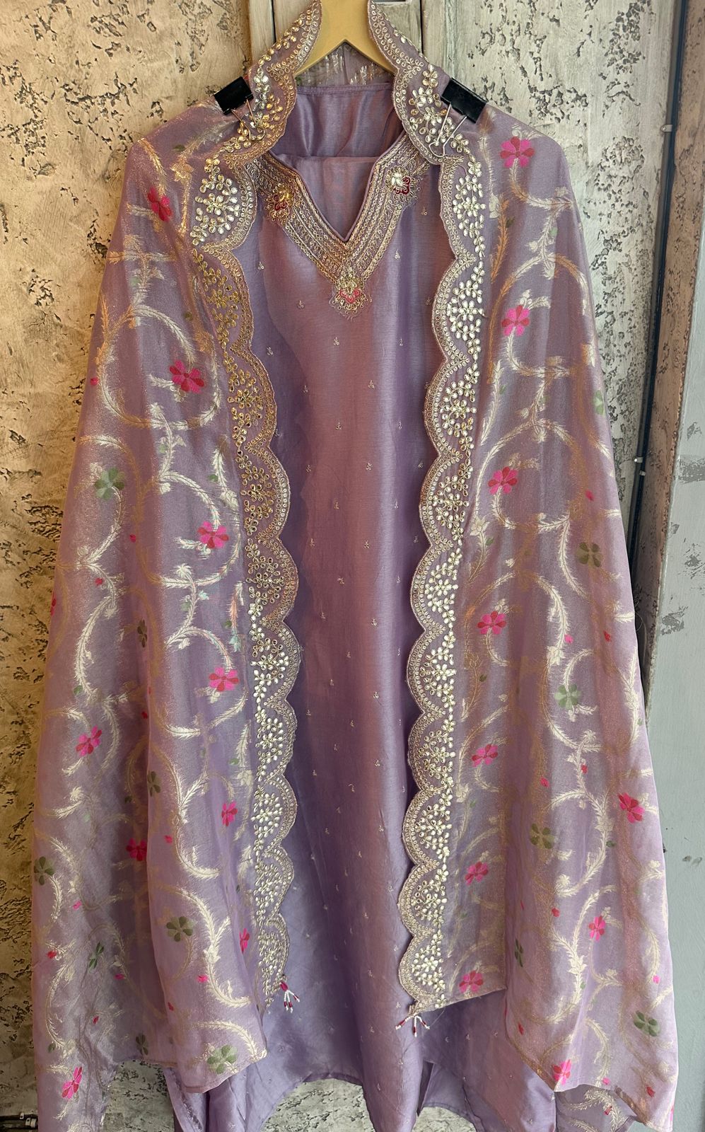 Pure russian silk unstitched shirt with beautiful pattern plus embroidery on neckline