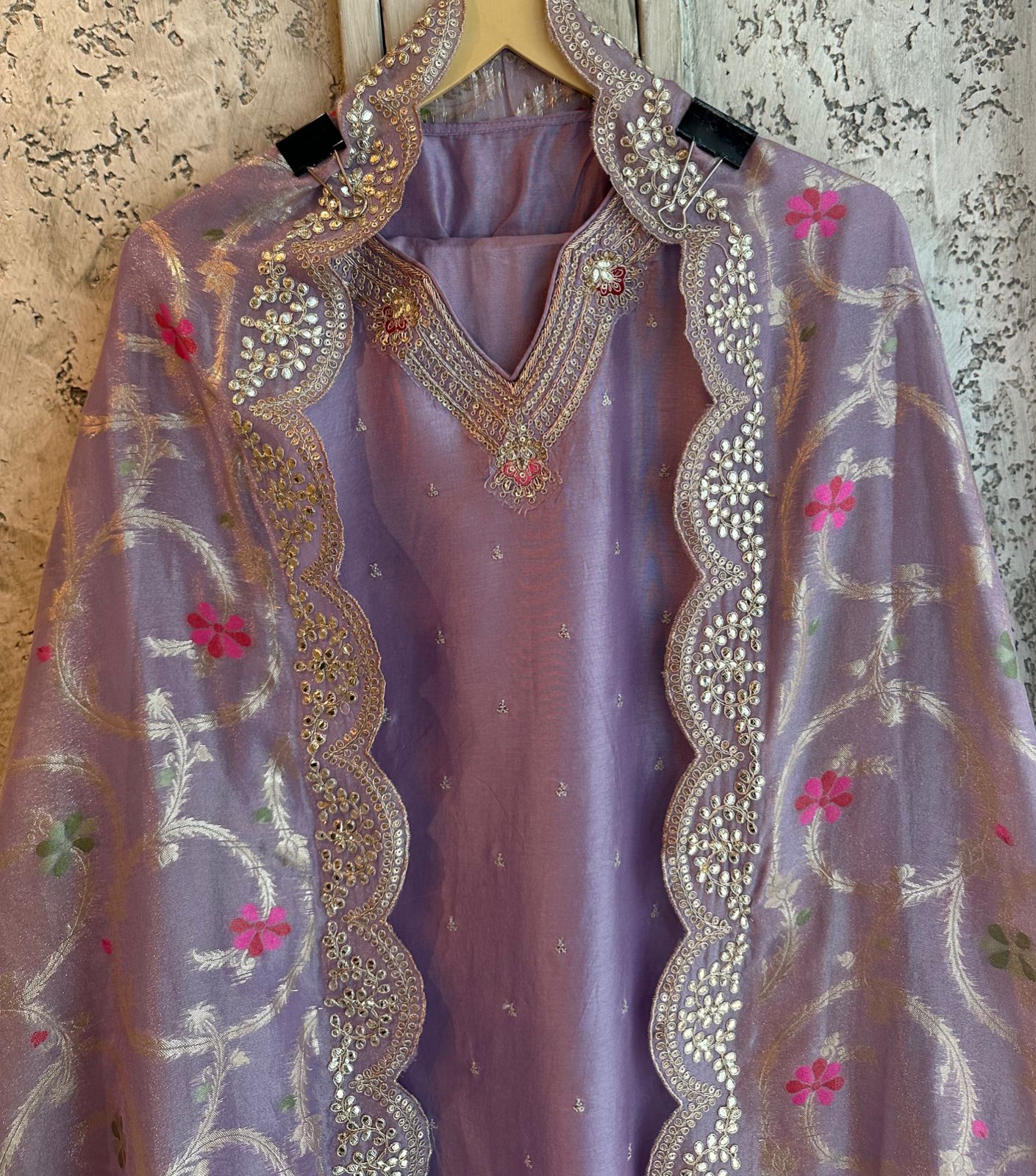 Pure russian silk unstitched shirt with beautiful pattern plus embroidery on neckline