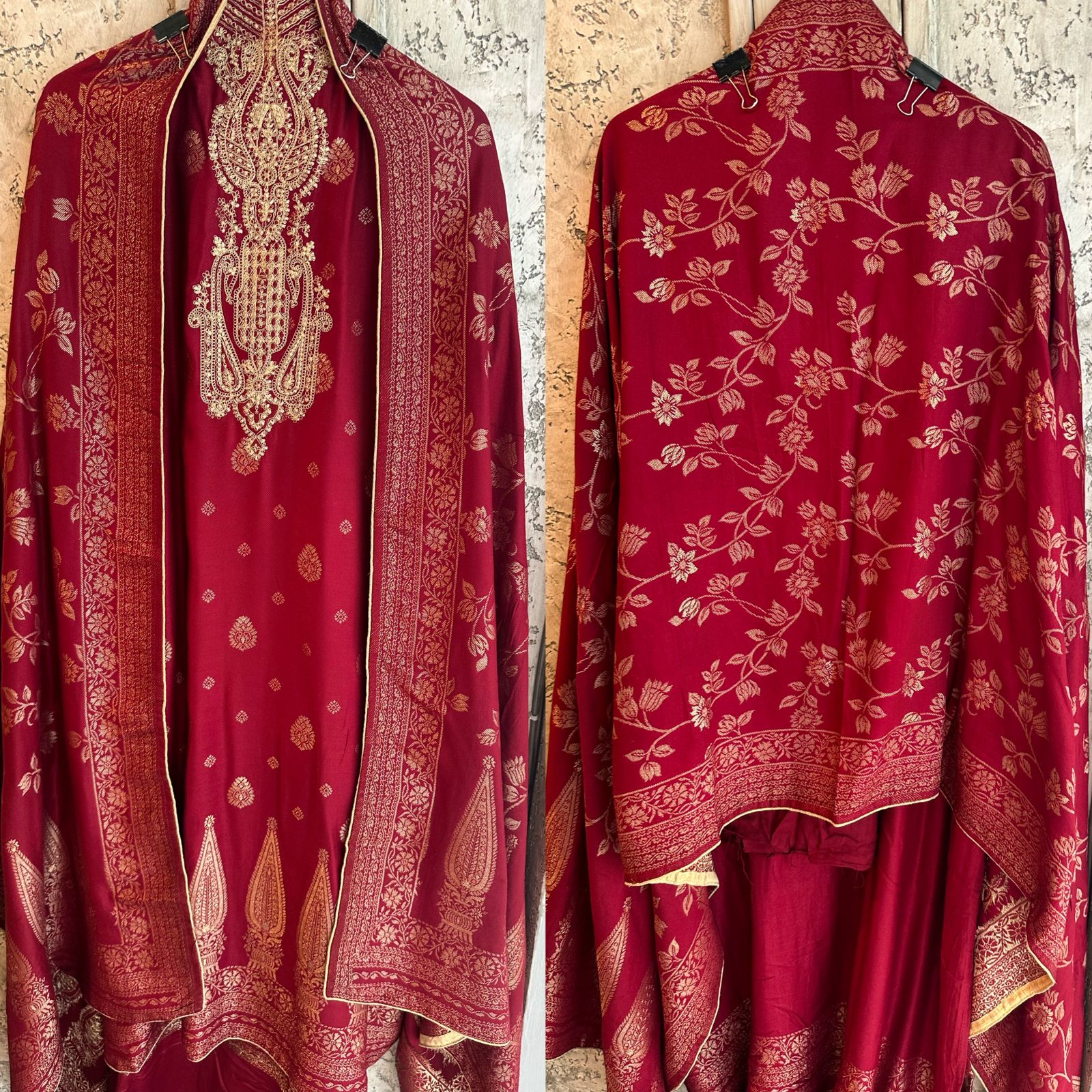 Very beautiful gold zari work done on the neckline  Pashmina bottoms