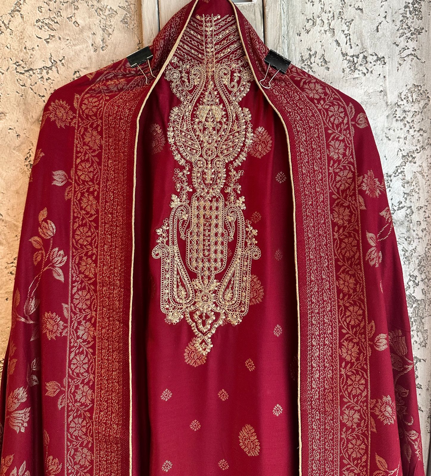 Very beautiful gold zari work done on the neckline  Pashmina bottoms