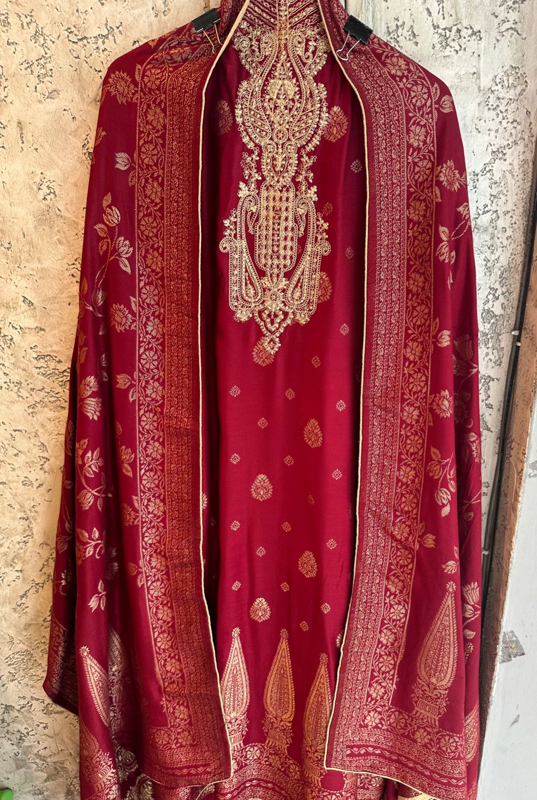 Very beautiful gold zari work done on the neckline  Pashmina bottoms