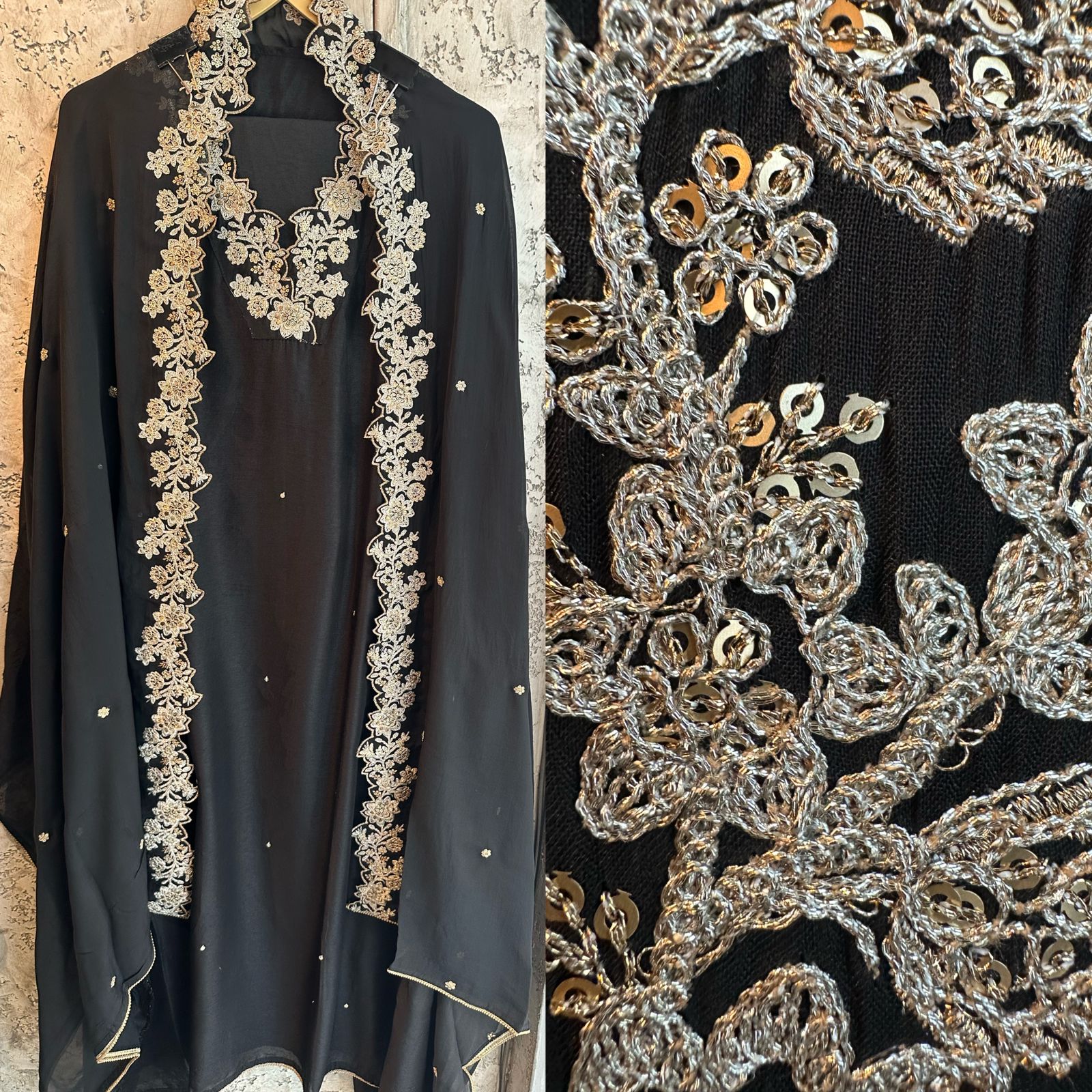 Pure russian silk designer unstiched shirt with beautiful embroidery on neckline