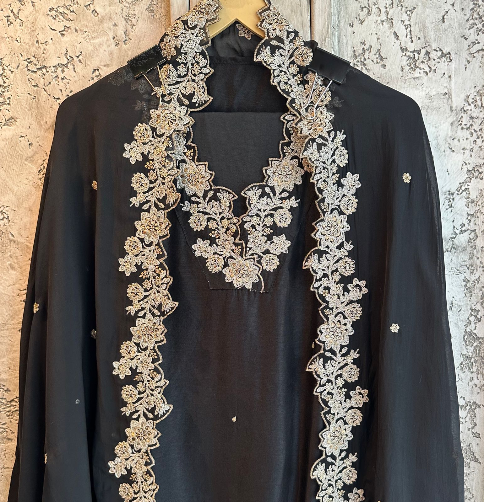 Pure russian silk designer unstiched shirt with beautiful embroidery on neckline