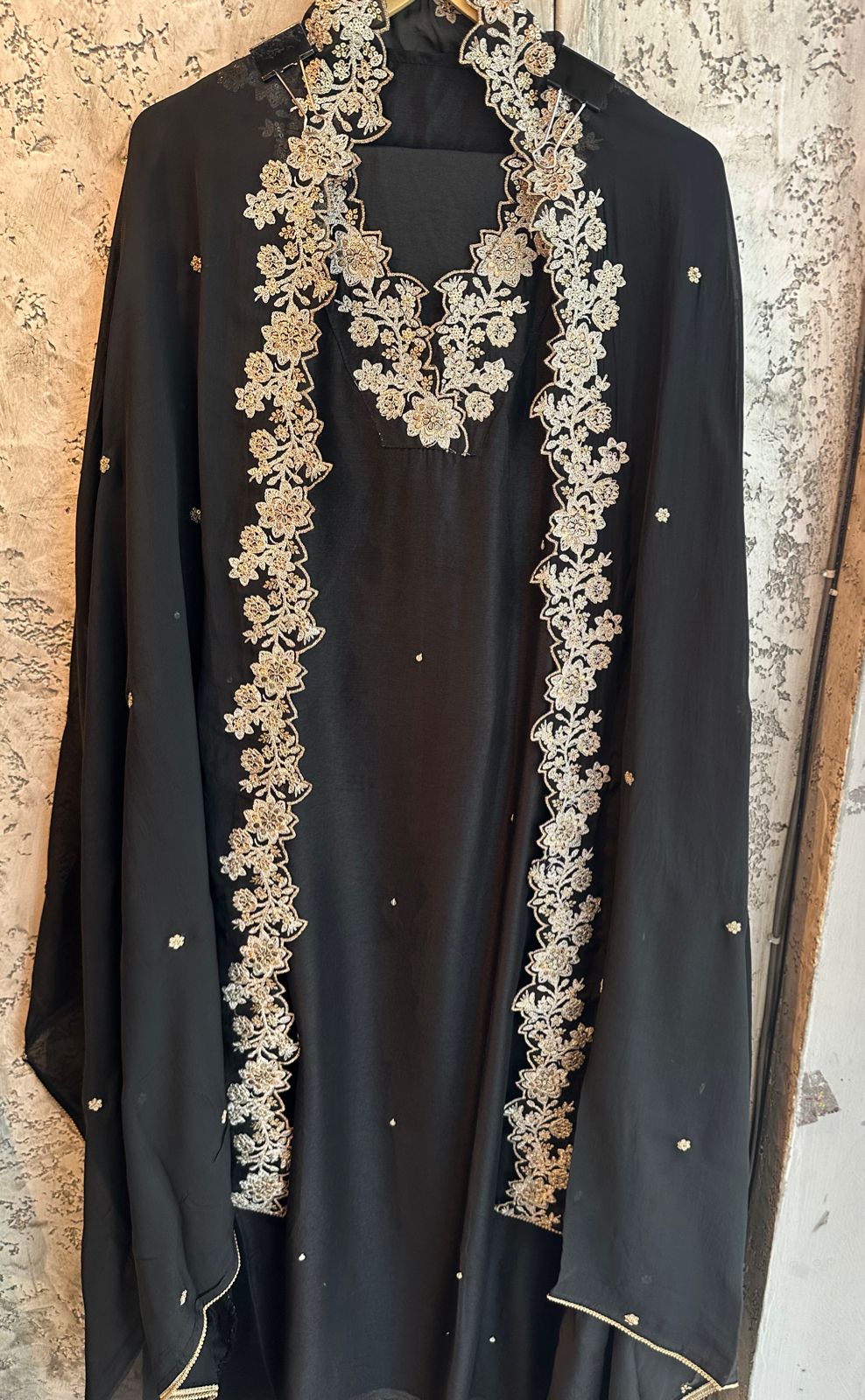 Pure russian silk designer unstiched shirt with beautiful embroidery on neckline