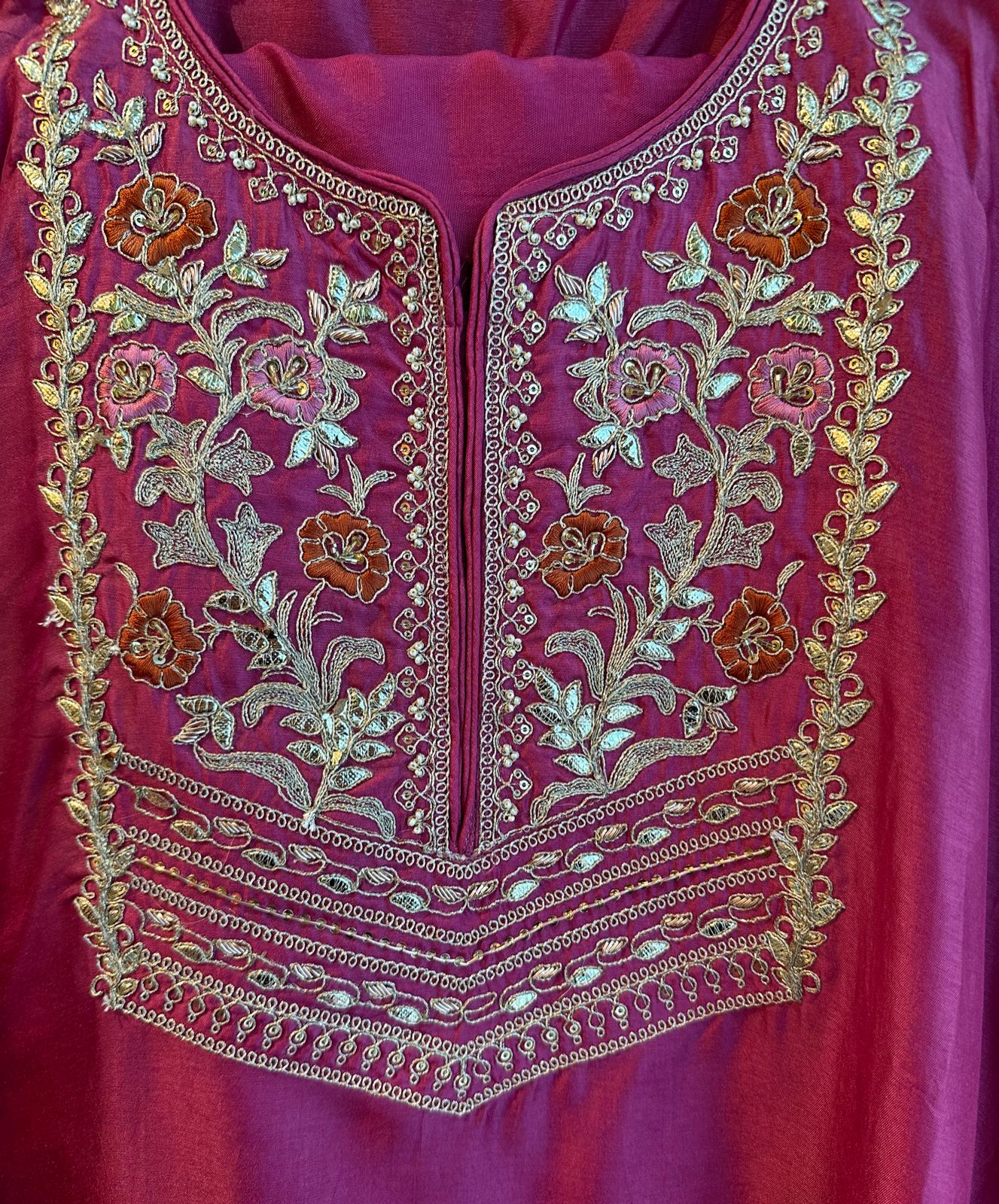 Pure silk unstitched full size shirt with very pretty Neckwork done