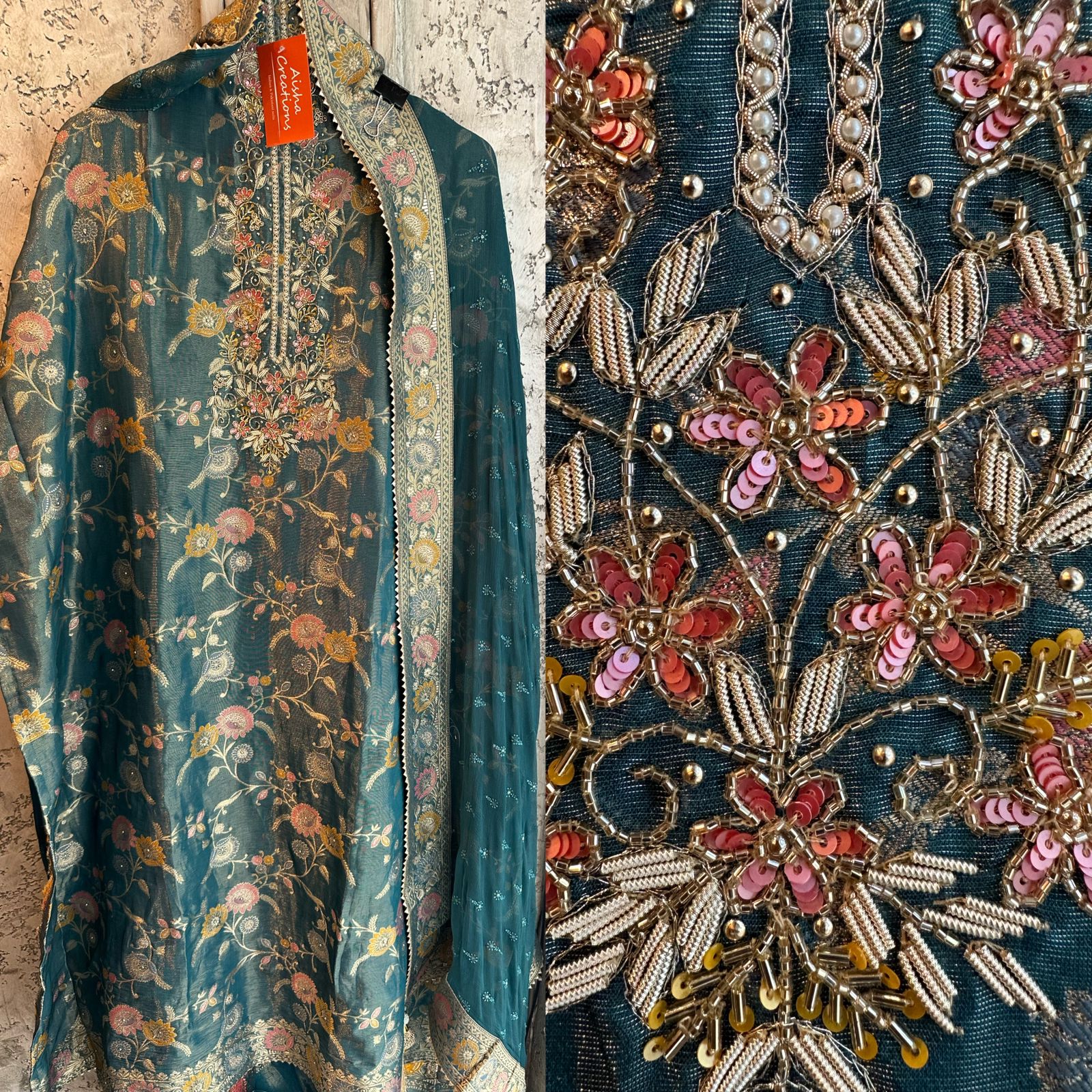 Tissue jacquard fully self weaved banarsi shirt (Unstitched) Very gorgeous Neckwork