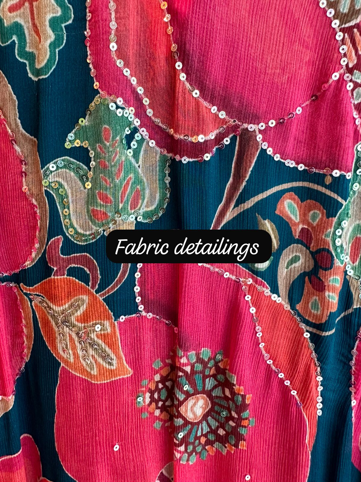 Pure Chinon Digital prints (Unstitched full size suits) With sequence highlights on the front neck area.