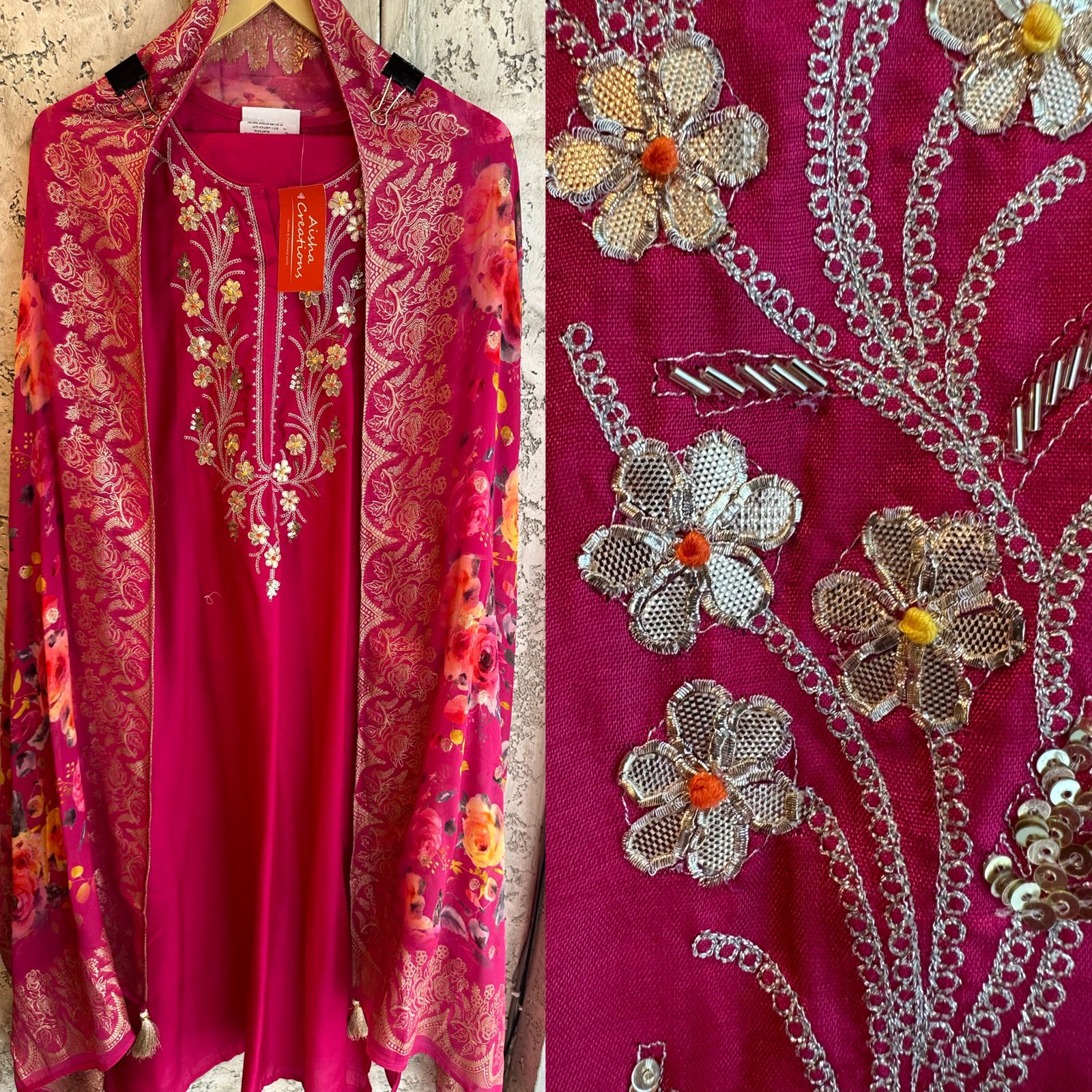 Floral silk Dupatta with banarsi weaved border and Latkans attached