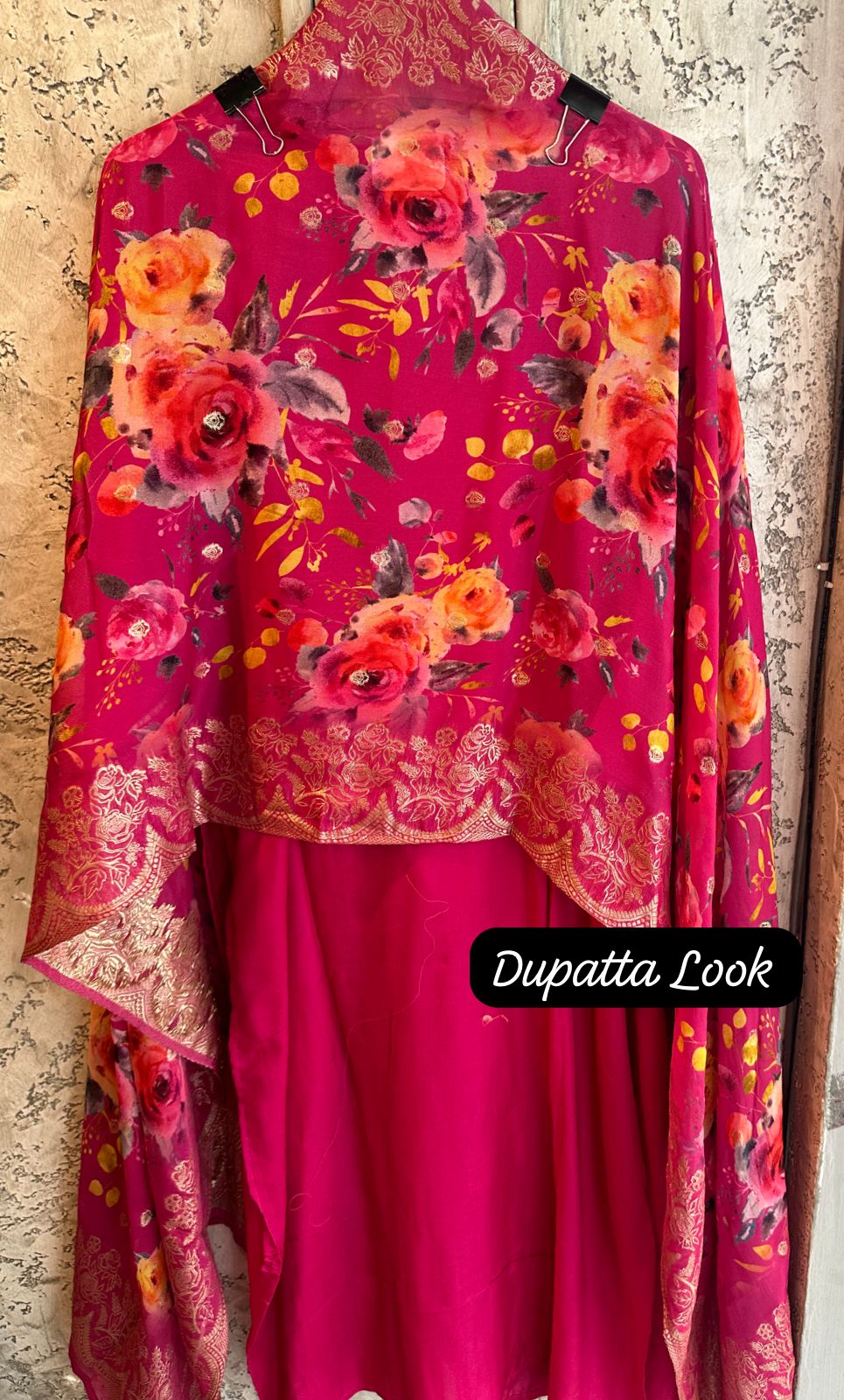 Floral silk Dupatta with banarsi weaved border and Latkans attached