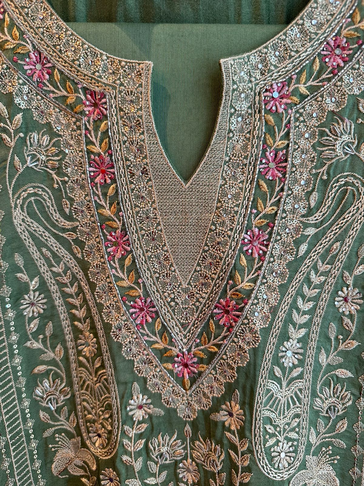 Pure soft silk and Flowy shirt with thread embroidered neckline and Nalki work