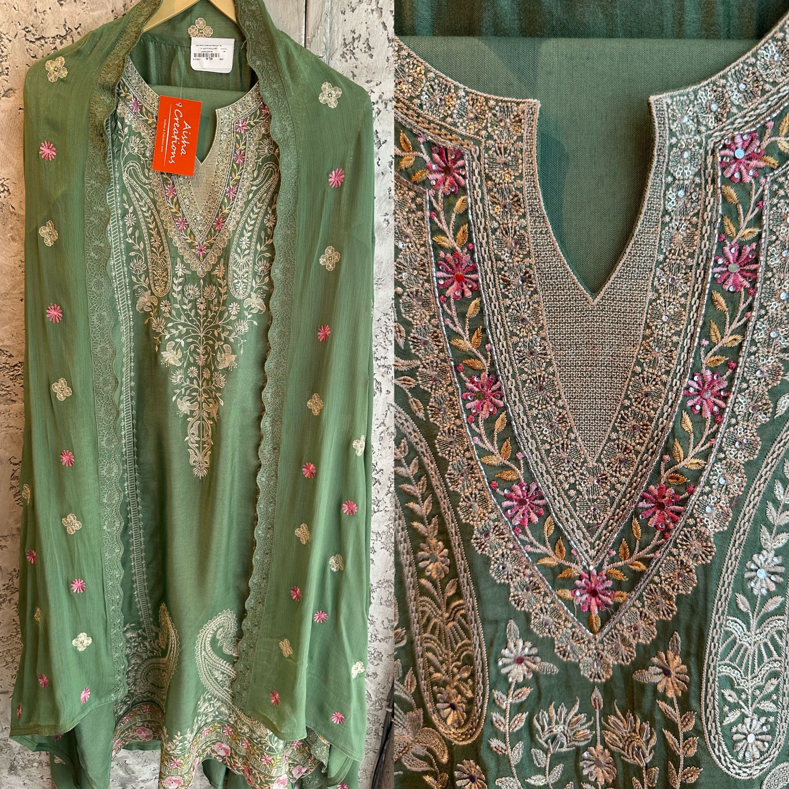 Pure soft silk and Flowy shirt with thread embroidered neckline and Nalki work