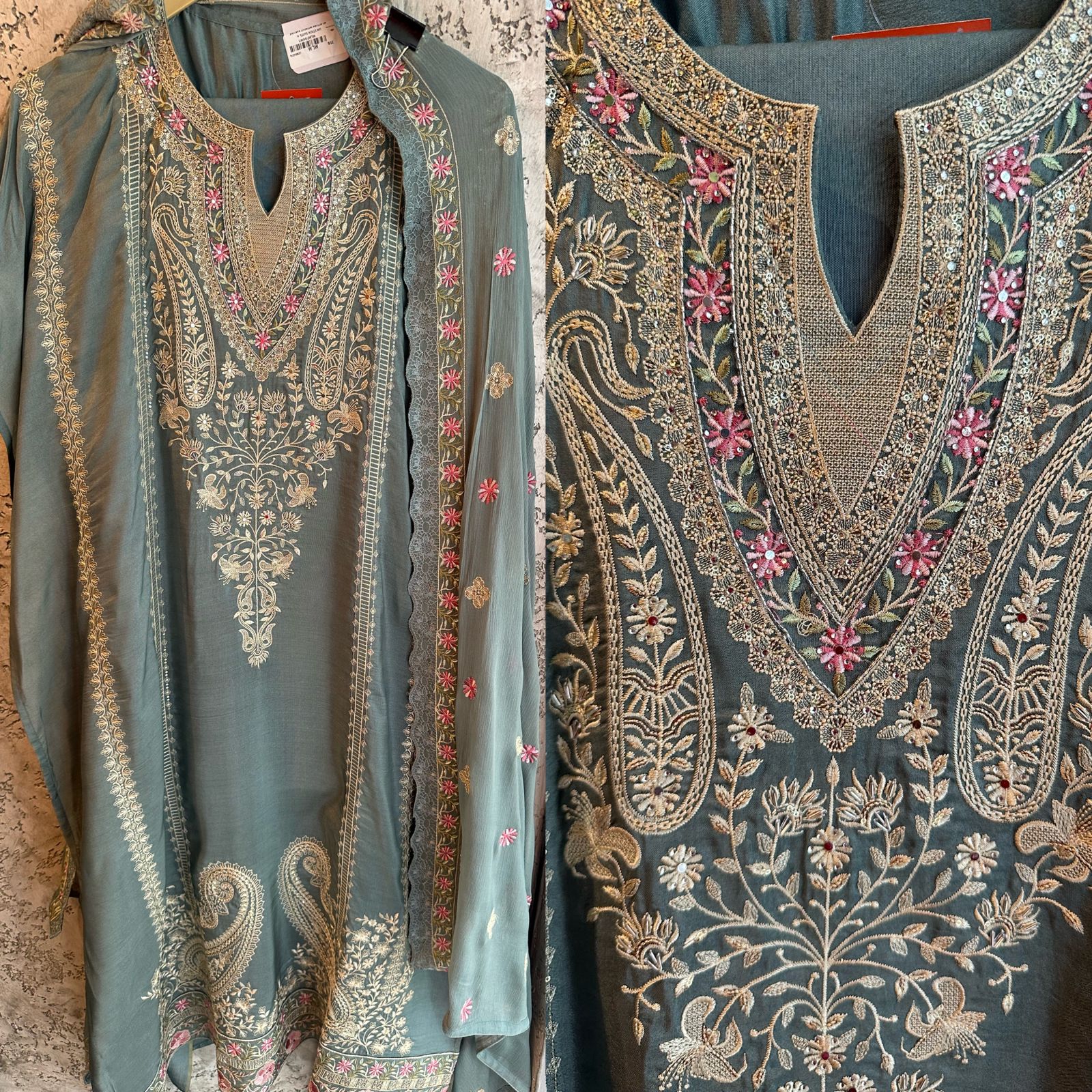 Pure soft silk and Flowy shirt with thread embroidered neckline and Nalki work
