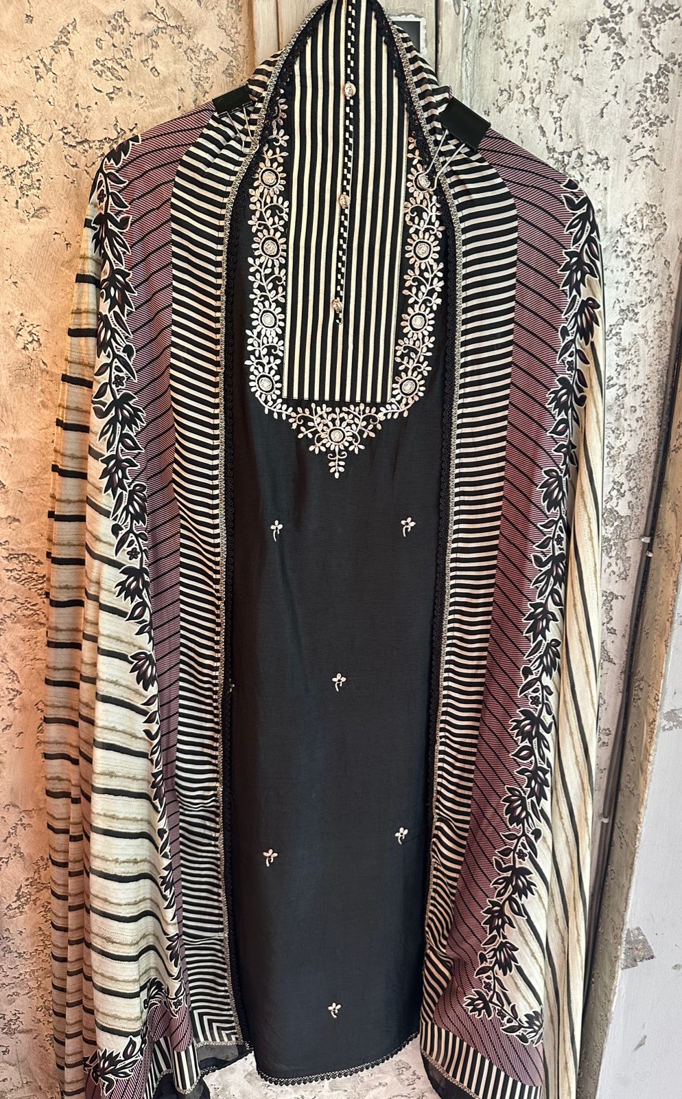 Pure silk black colour unstitched full size shirt with printed neckline