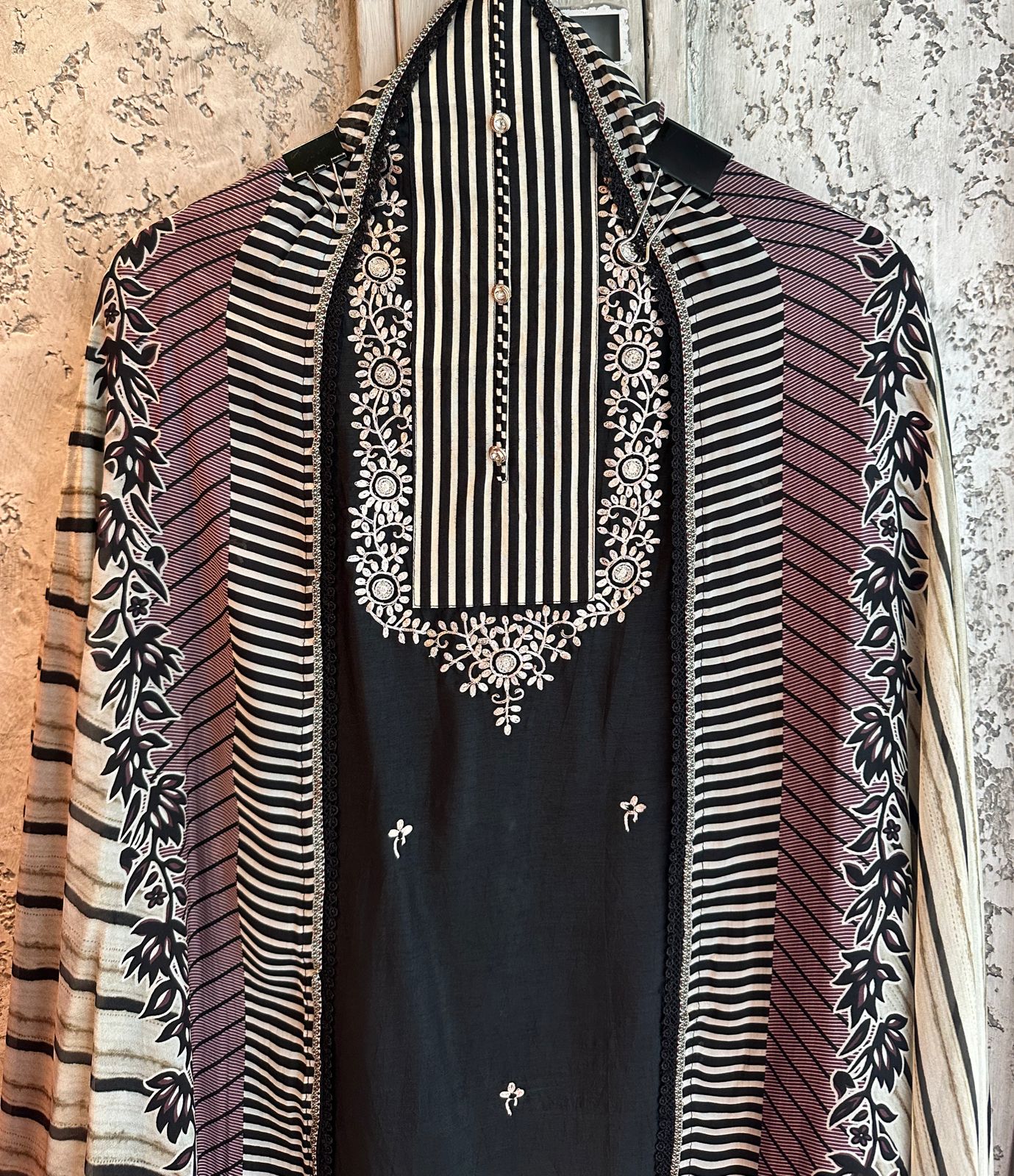 Pure silk black colour unstitched full size shirt with printed neckline
