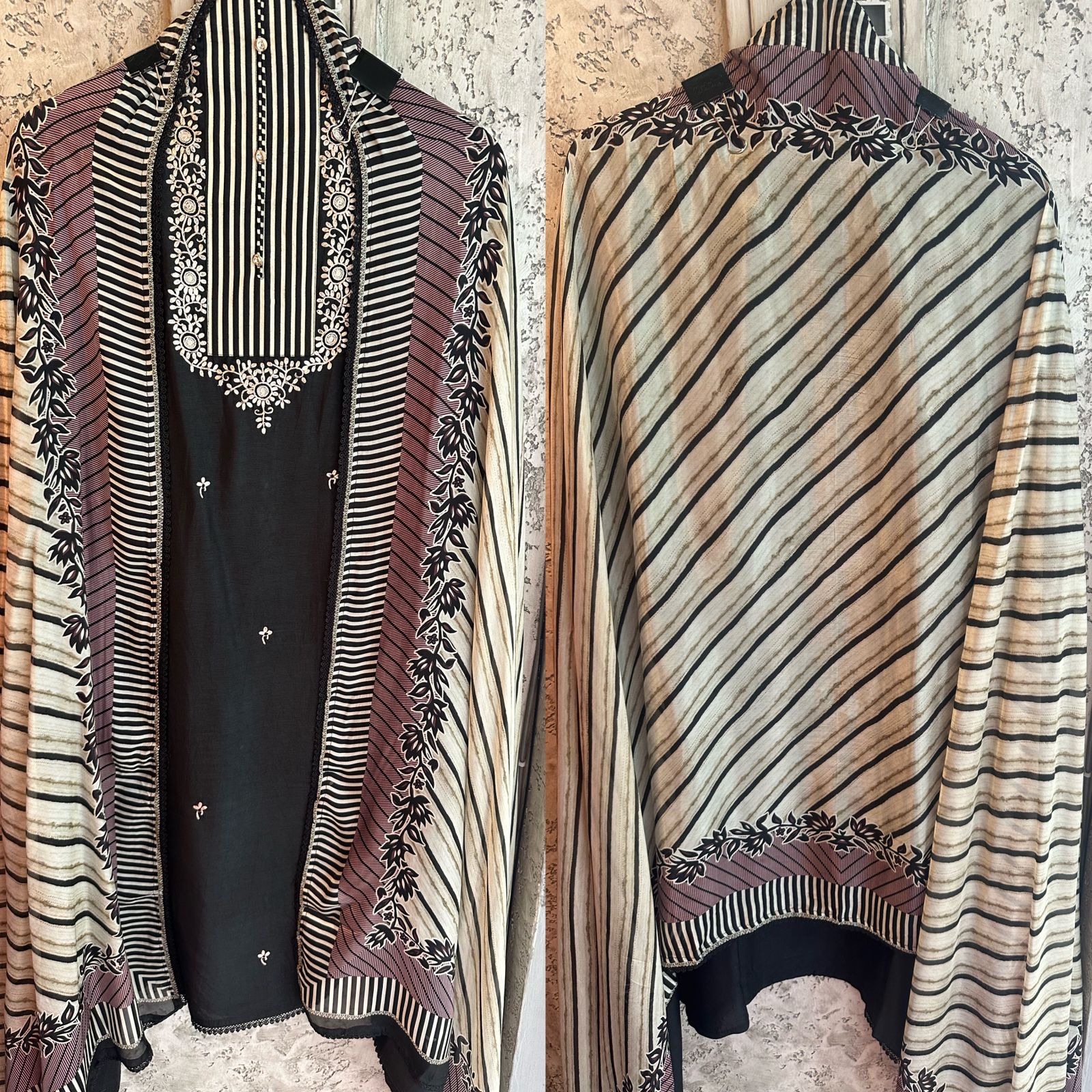 Pure silk black colour unstitched full size shirt with printed neckline