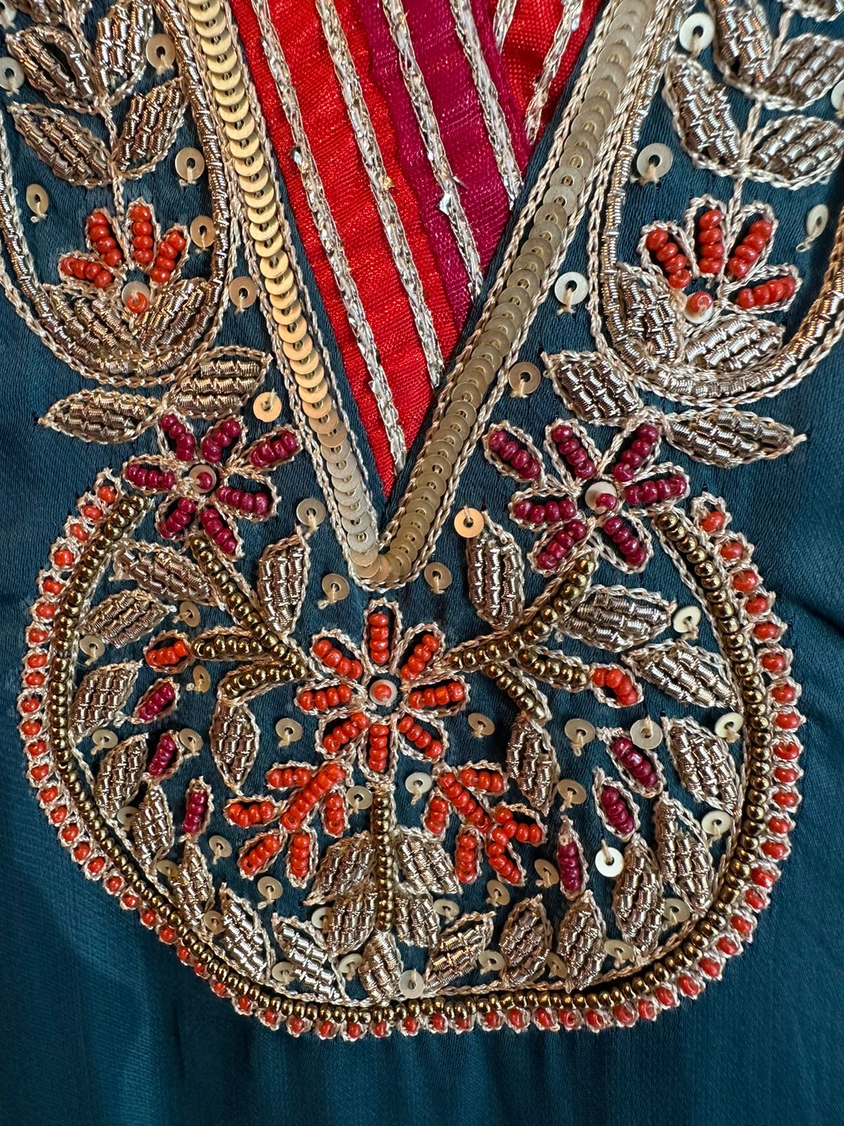 Pure soft satin silk unstitched full size shirt With zardozi and dabka work done on the neckline