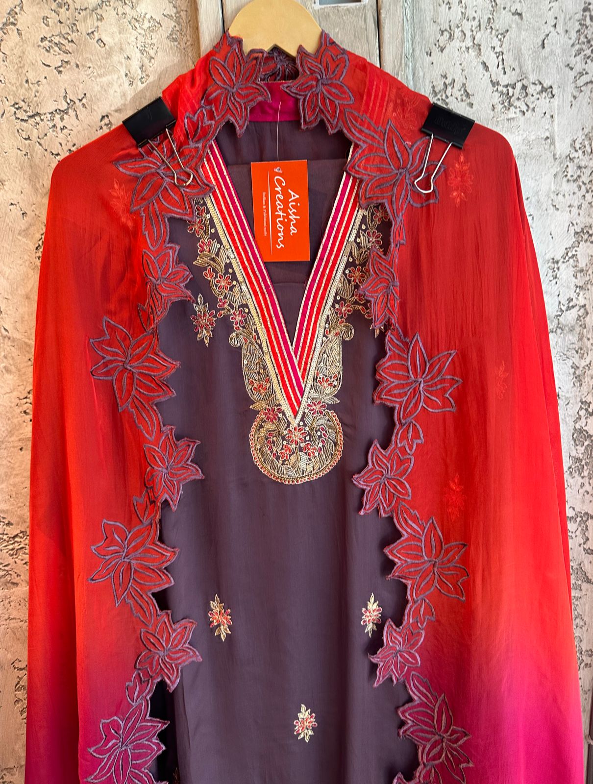 Pure soft satin silk unstitched full size shirt With zardozi and dabka work done on the neckline