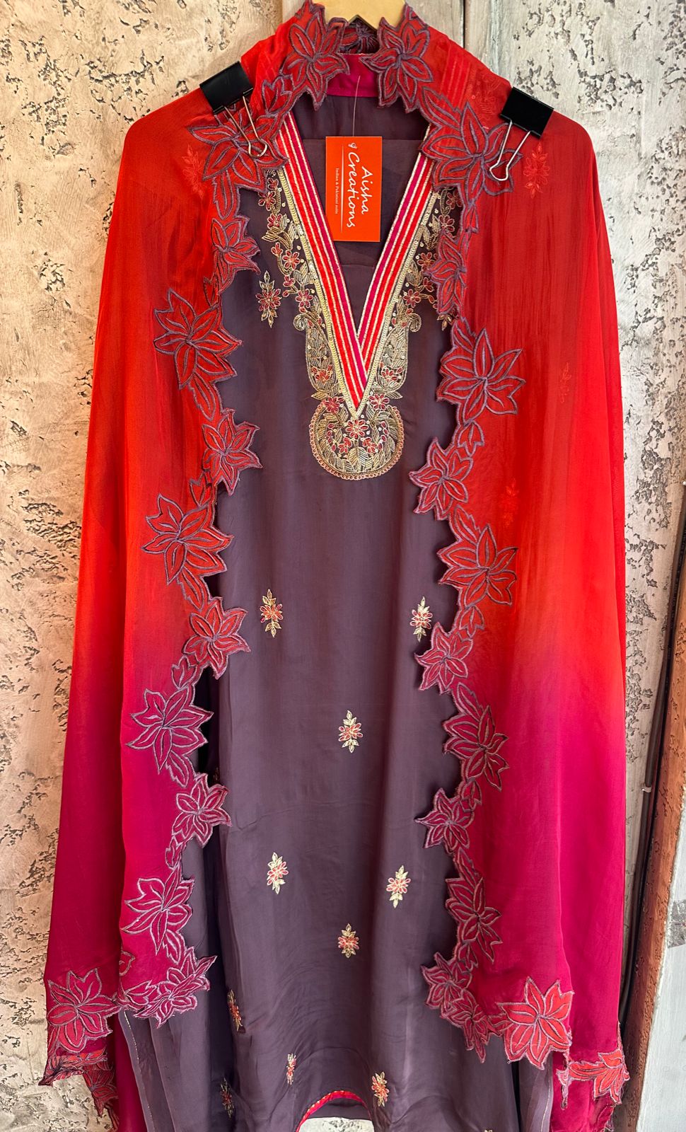 Pure soft satin silk unstitched full size shirt With zardozi and dabka work done on the neckline
