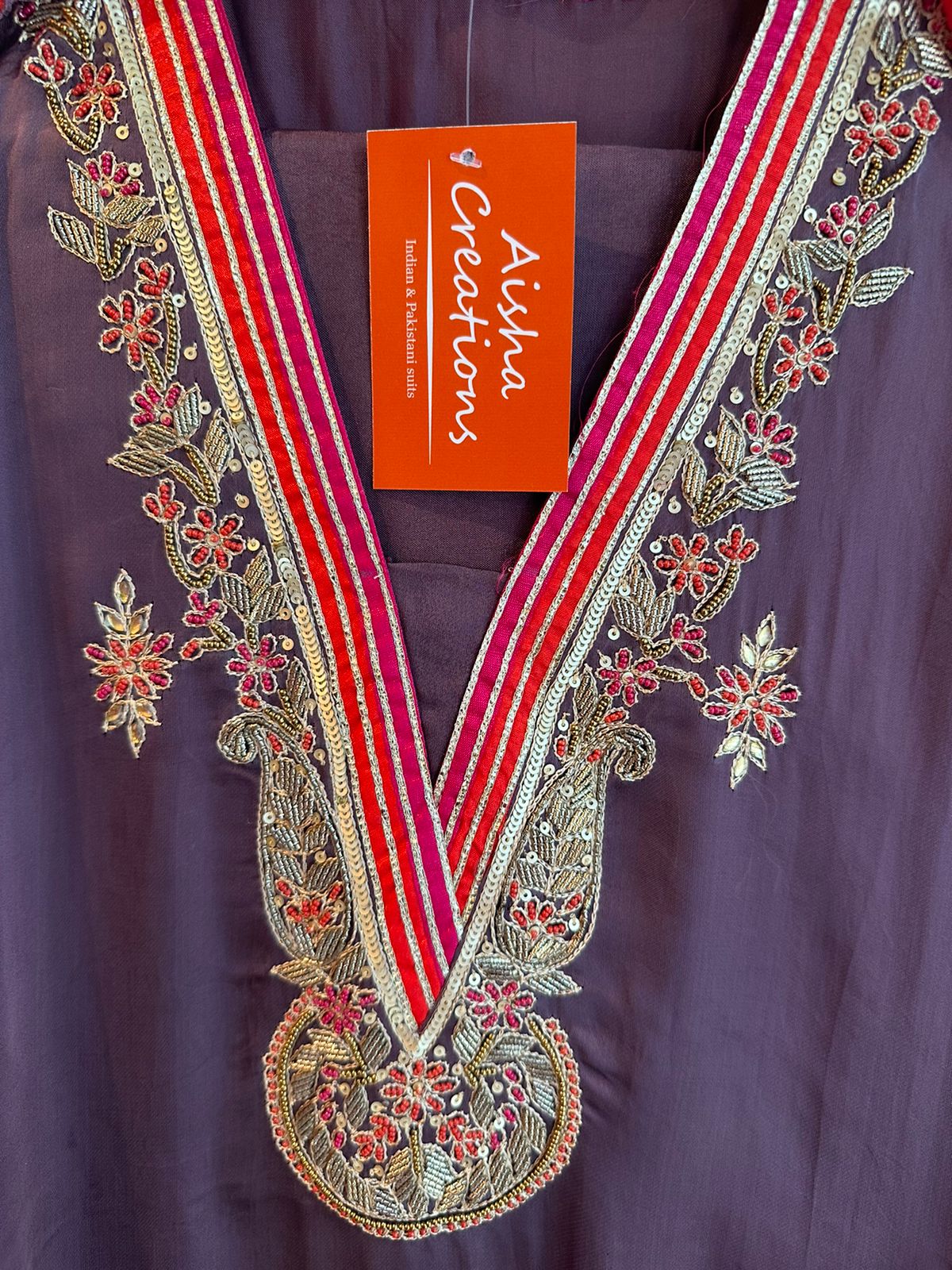 Pure soft satin silk unstitched full size shirt With zardozi and dabka work done on the neckline