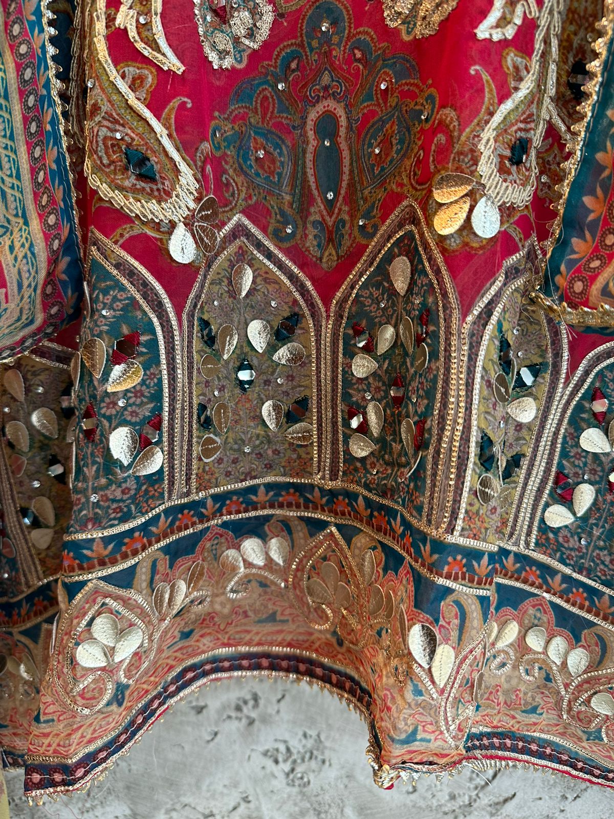 Pure organza Digital printed shirt with all handwork highlights with gotta Patti and and leather gotta Patti work done with Swaroski highlights