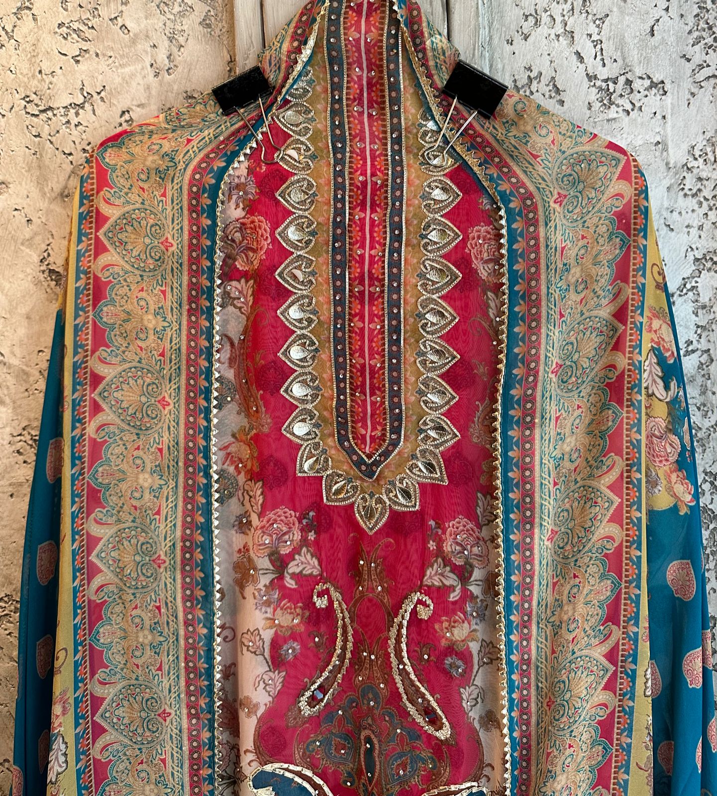 Pure organza Digital printed shirt with all handwork highlights with gotta Patti and and leather gotta Patti work done with Swaroski highlights