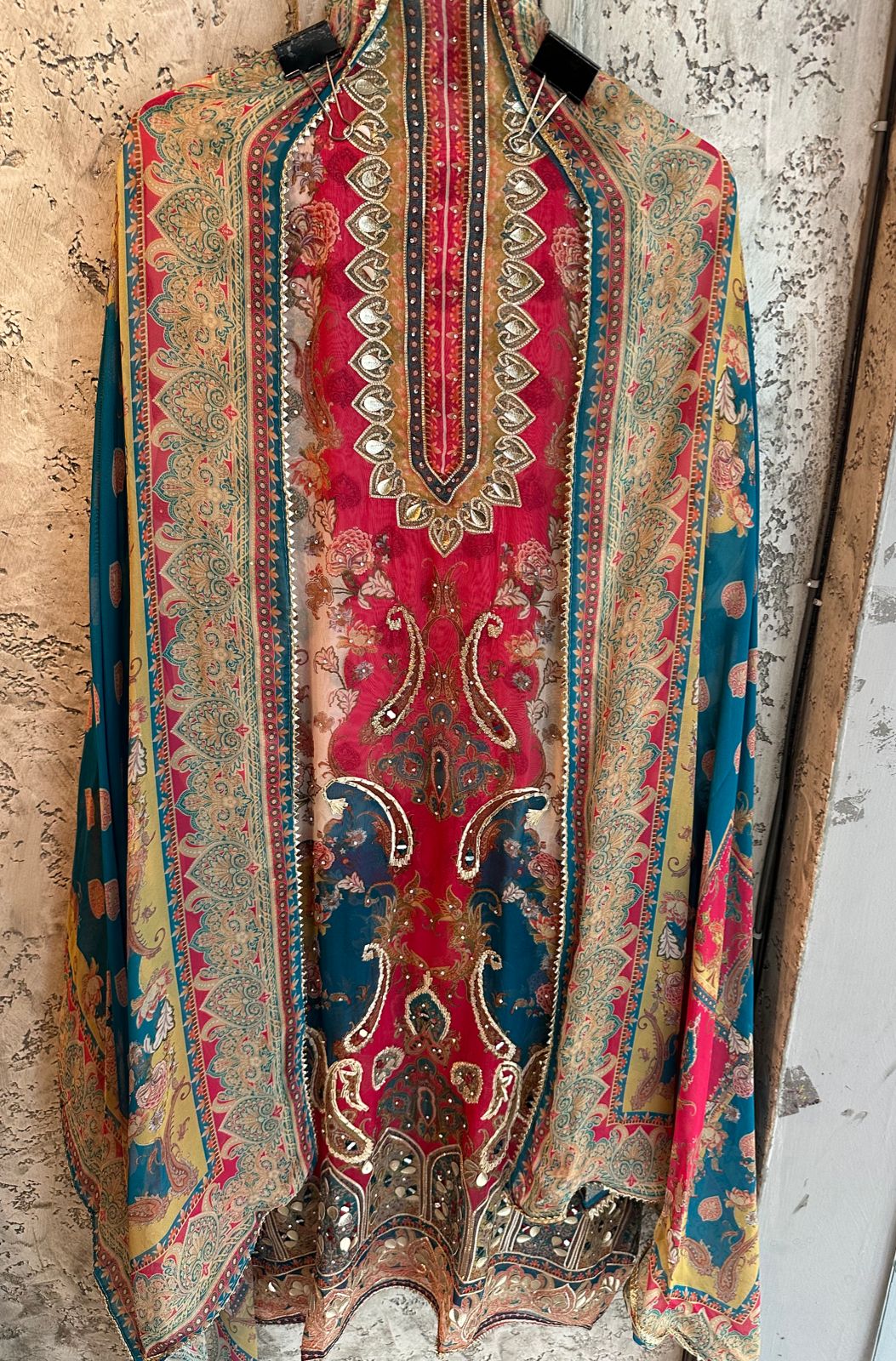 Pure organza Digital printed shirt with all handwork highlights with gotta Patti and and leather gotta Patti work done with Swaroski highlights