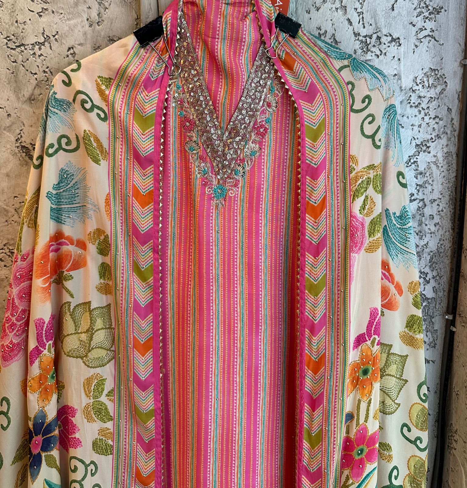 Pure mul silk stripes shirt full in size , Completely unstitched with very beautiful sequence work done on the neckline