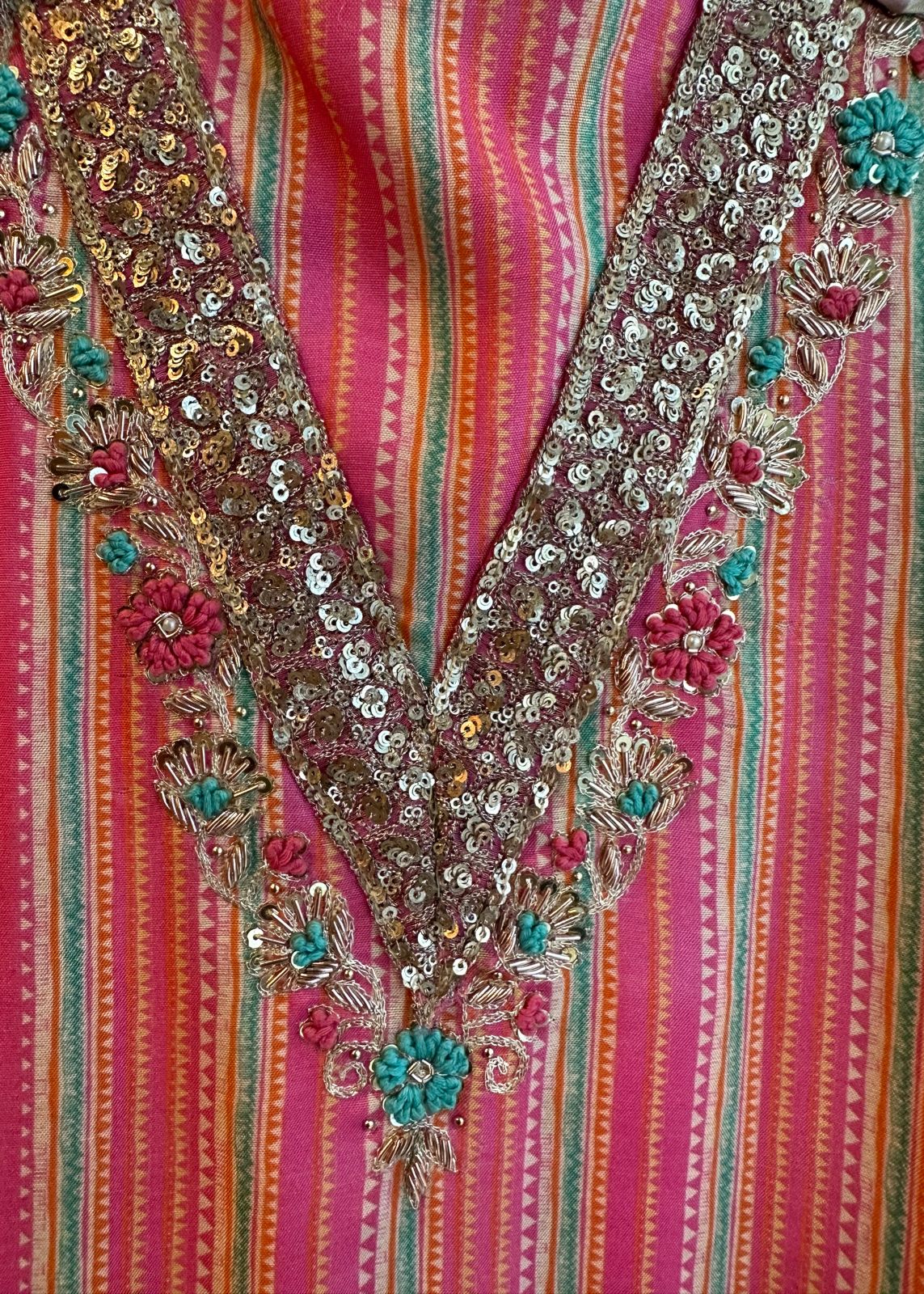 Pure mul silk stripes shirt full in size , Completely unstitched with very beautiful sequence work done on the neckline