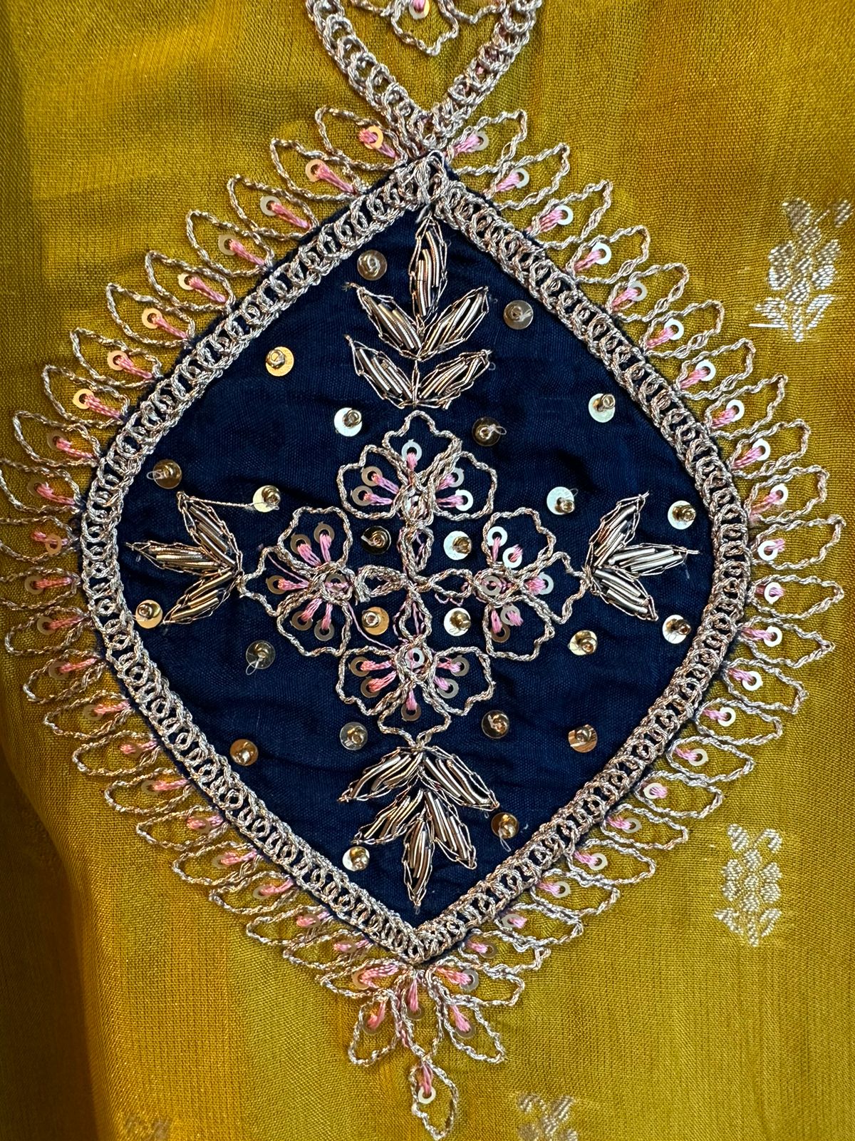 Pure organza silk zari weaving booties unstitched Shirt with very gorgeous neckline made from Dori zari and dabka work