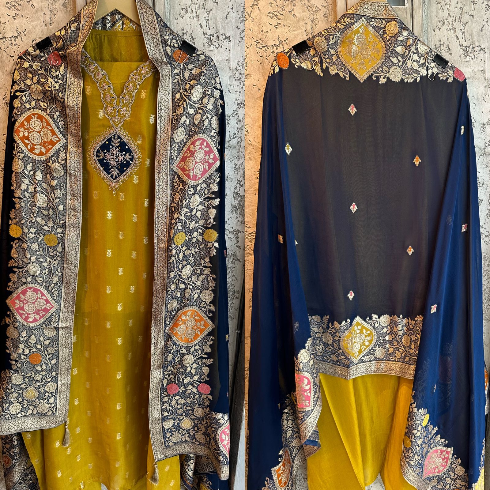 Pure organza silk zari weaving booties unstitched Shirt with very gorgeous neckline made from Dori zari and dabka work