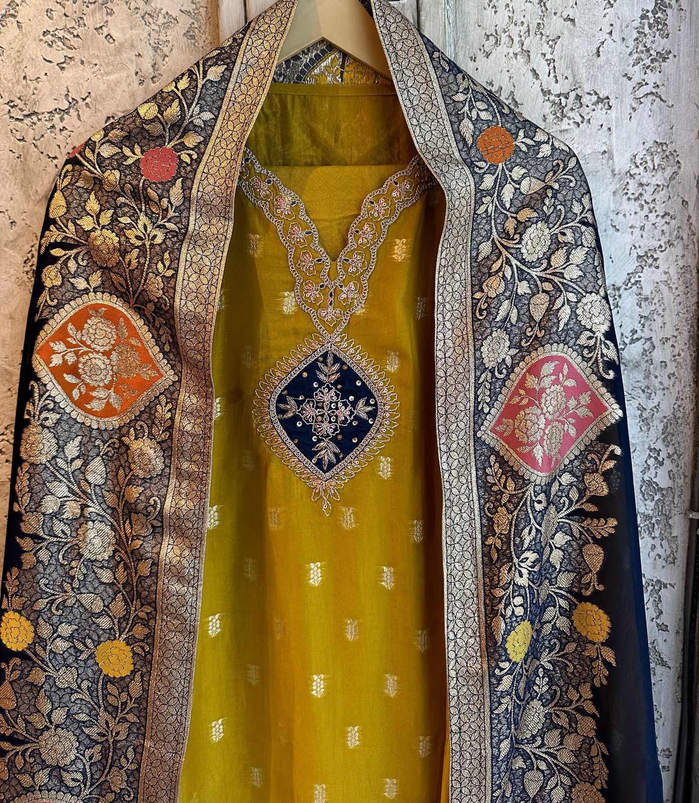 Pure organza silk zari weaving booties unstitched Shirt with very gorgeous neckline made from Dori zari and dabka work