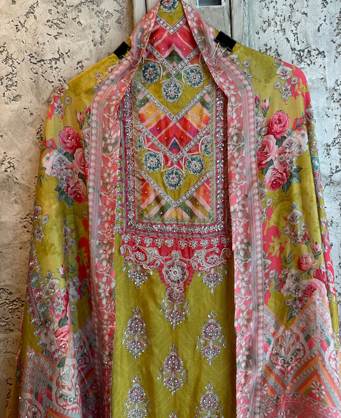 Semi silk digital printed shirt very beautiful and vibrant colours with Handwork highlights