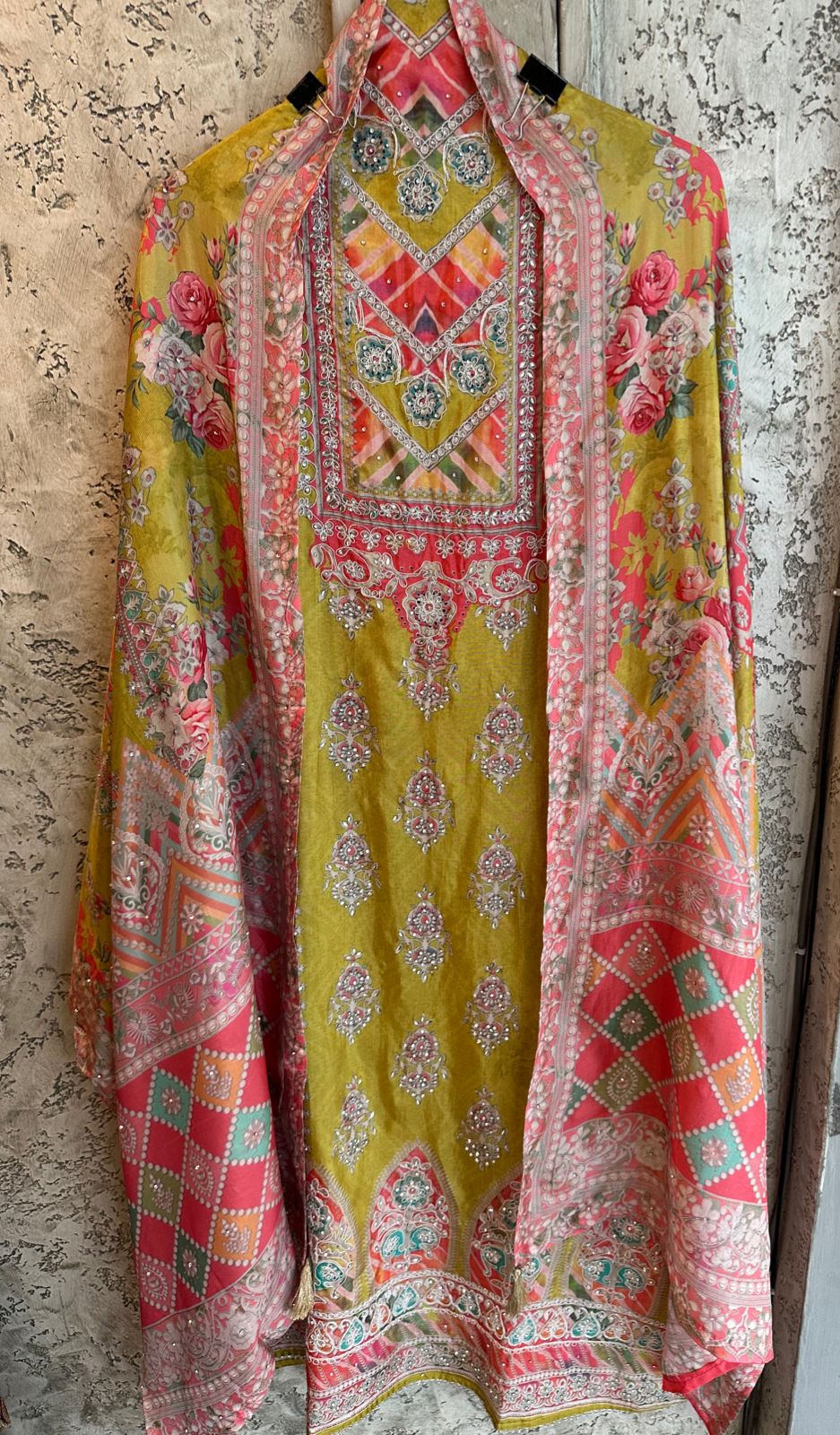 Semi silk digital printed shirt very beautiful and vibrant colours with Handwork highlights