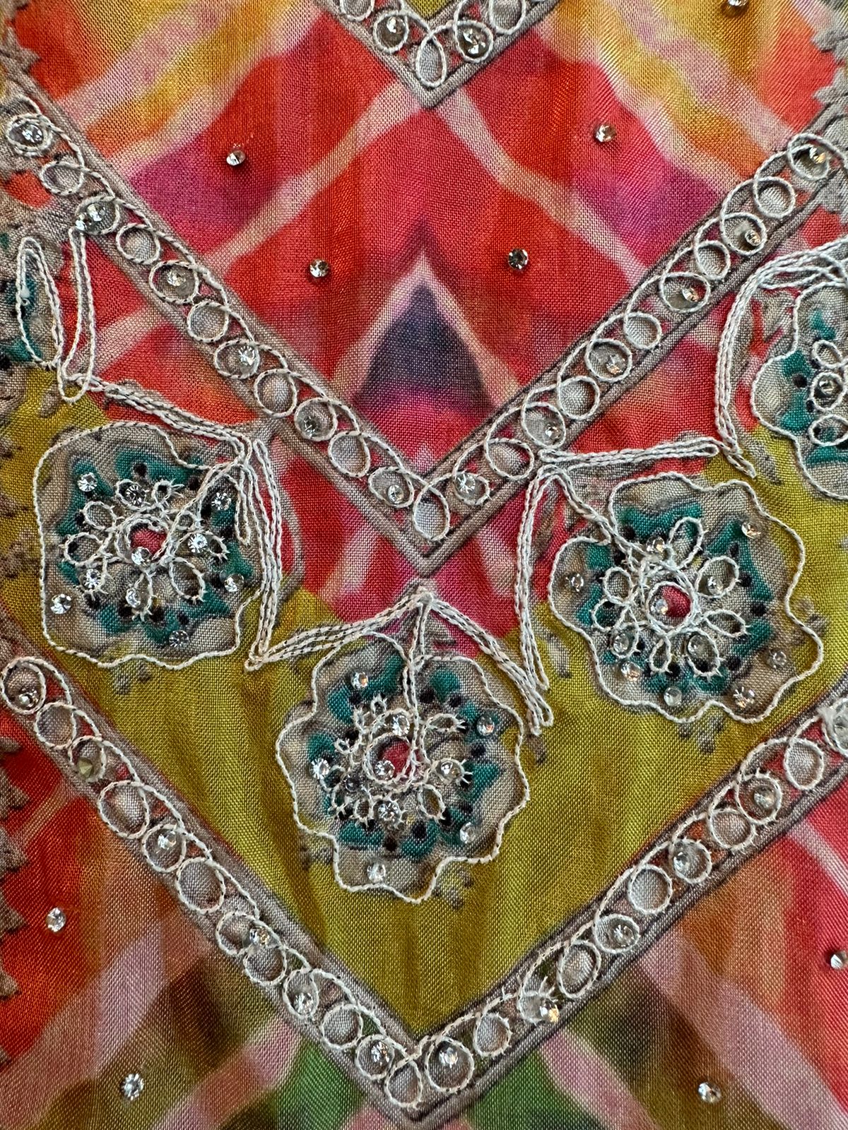 Semi silk digital printed shirt very beautiful and vibrant colours with Handwork highlights