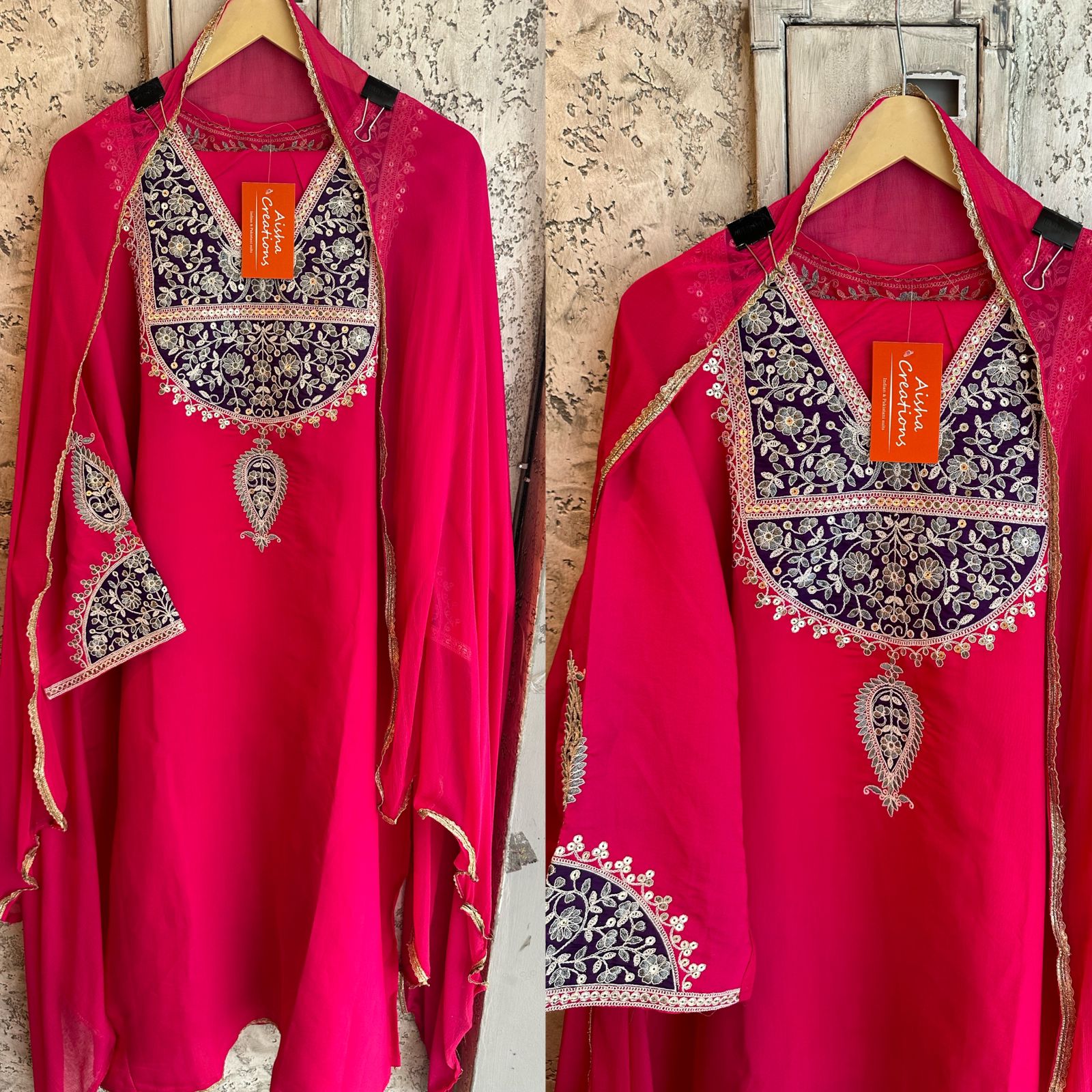 Silk shirt semi stitched with very beautiful embroidered neckline
