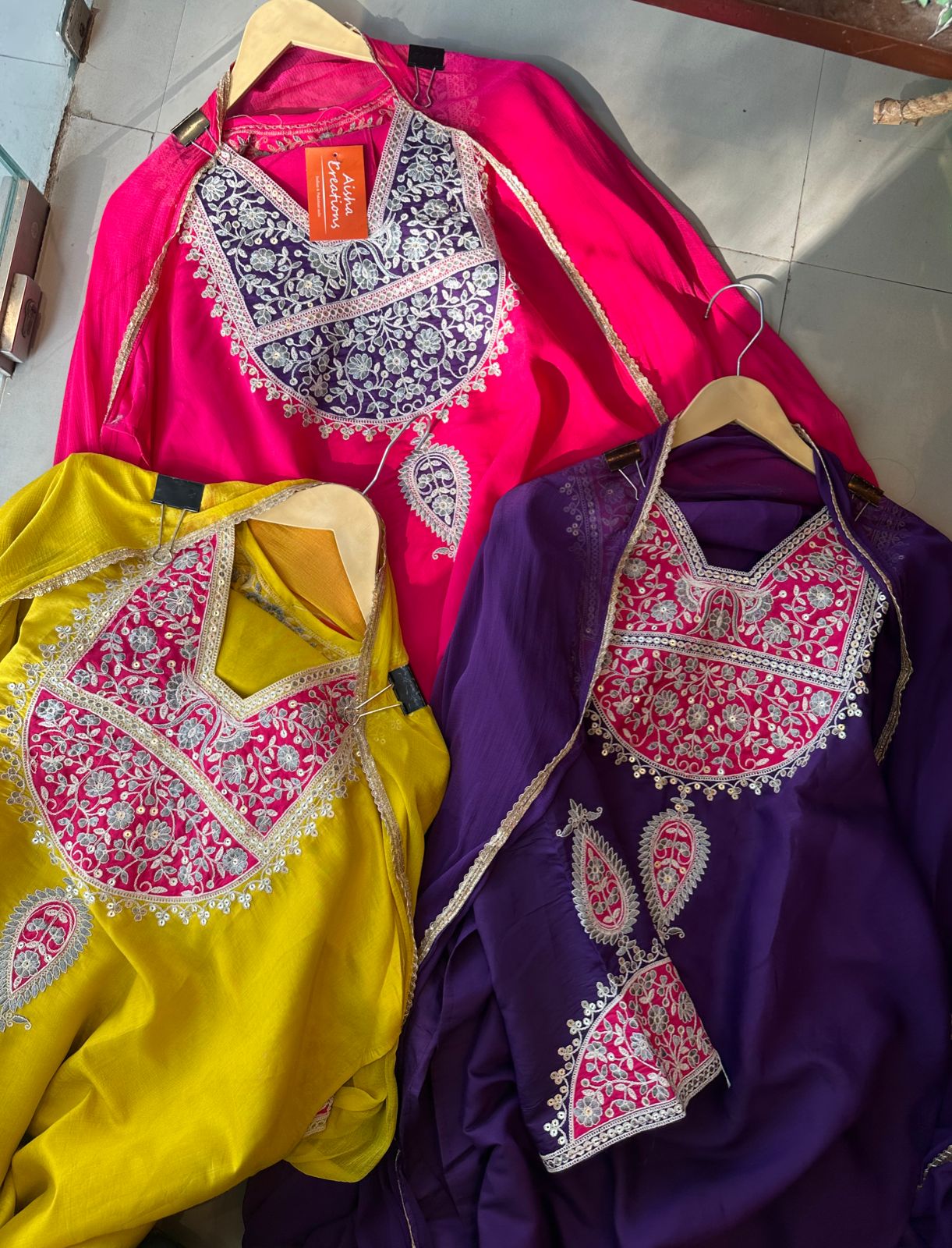 Silk shirt semi stitched with very beautiful embroidered neckline