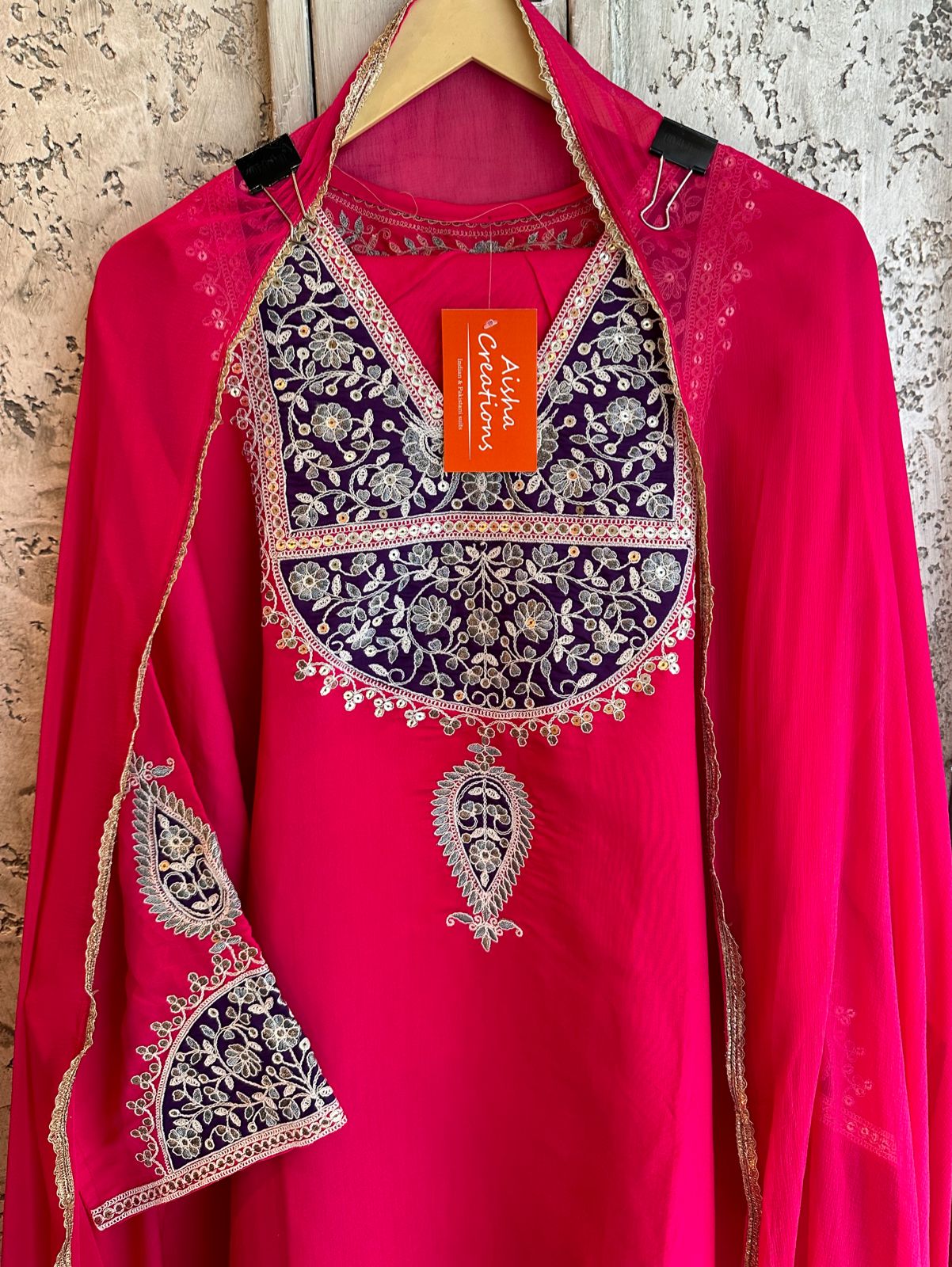 Silk shirt semi stitched with very beautiful embroidered neckline
