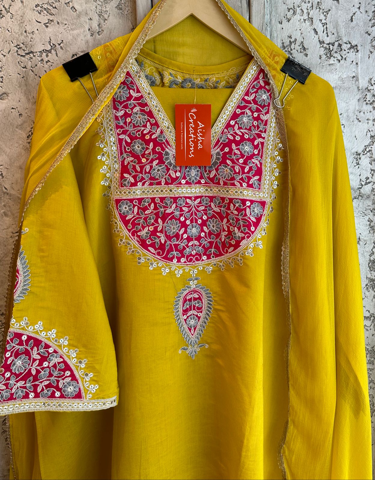 Silk shirt semi stitched with very beautiful embroidered neckline (In contrast)