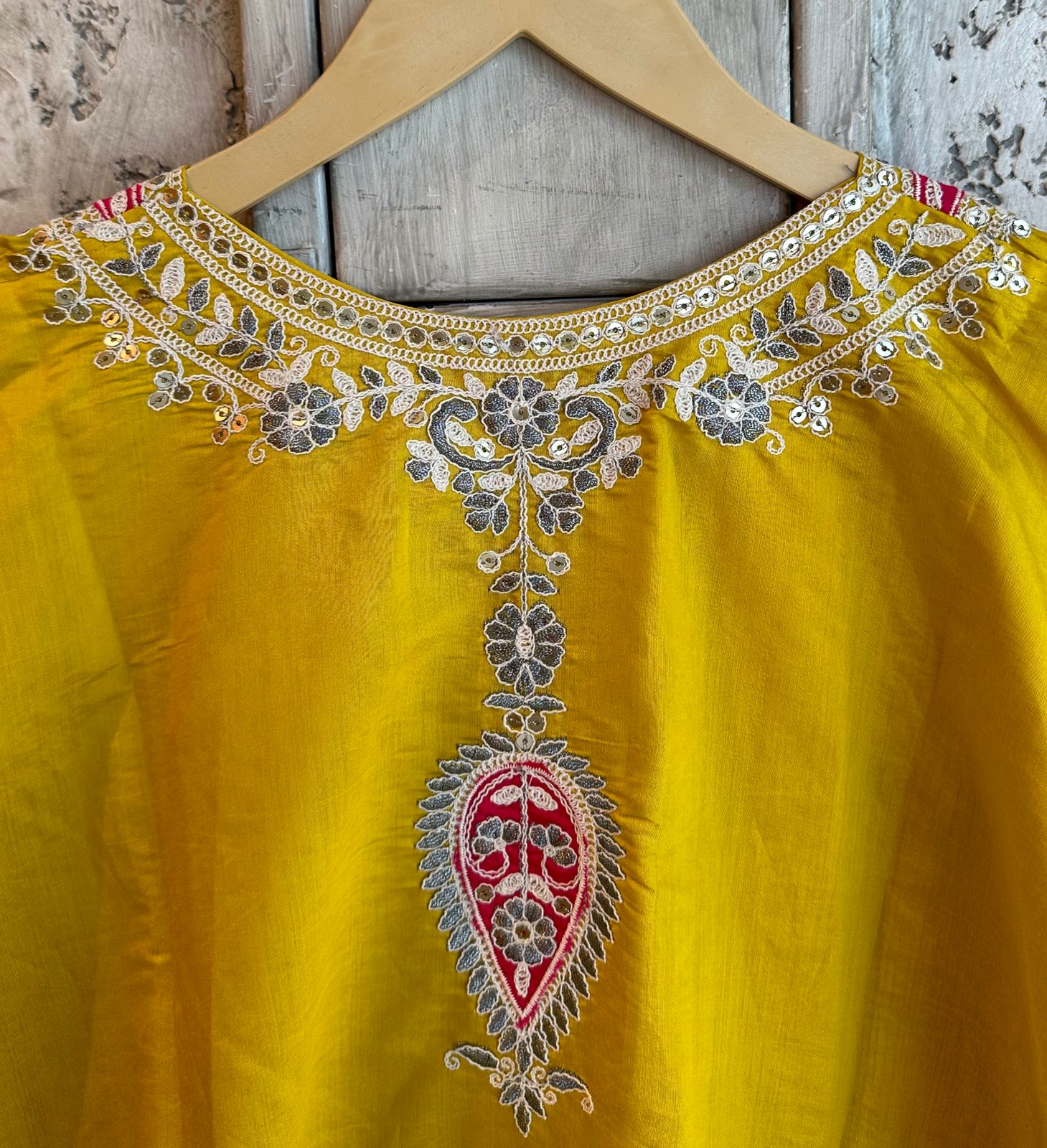 Silk shirt semi stitched with very beautiful embroidered neckline (In contrast)