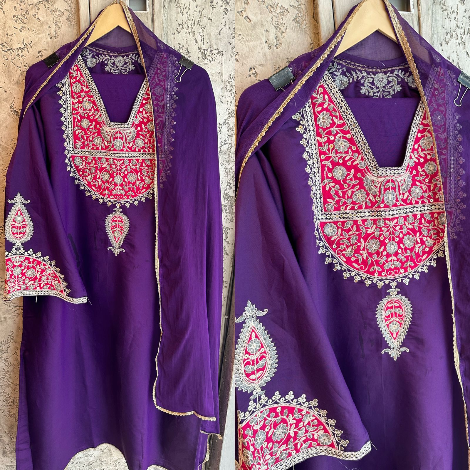 Silk shirt semi stitched with very beautiful embroidered neckline