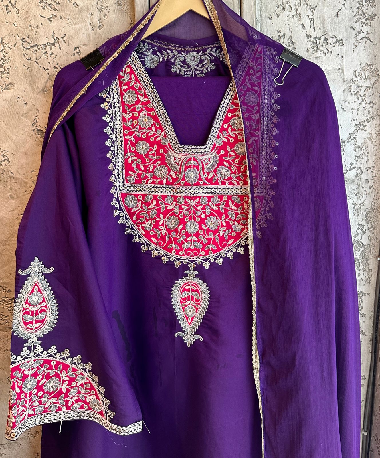 Silk shirt semi stitched with very beautiful embroidered neckline