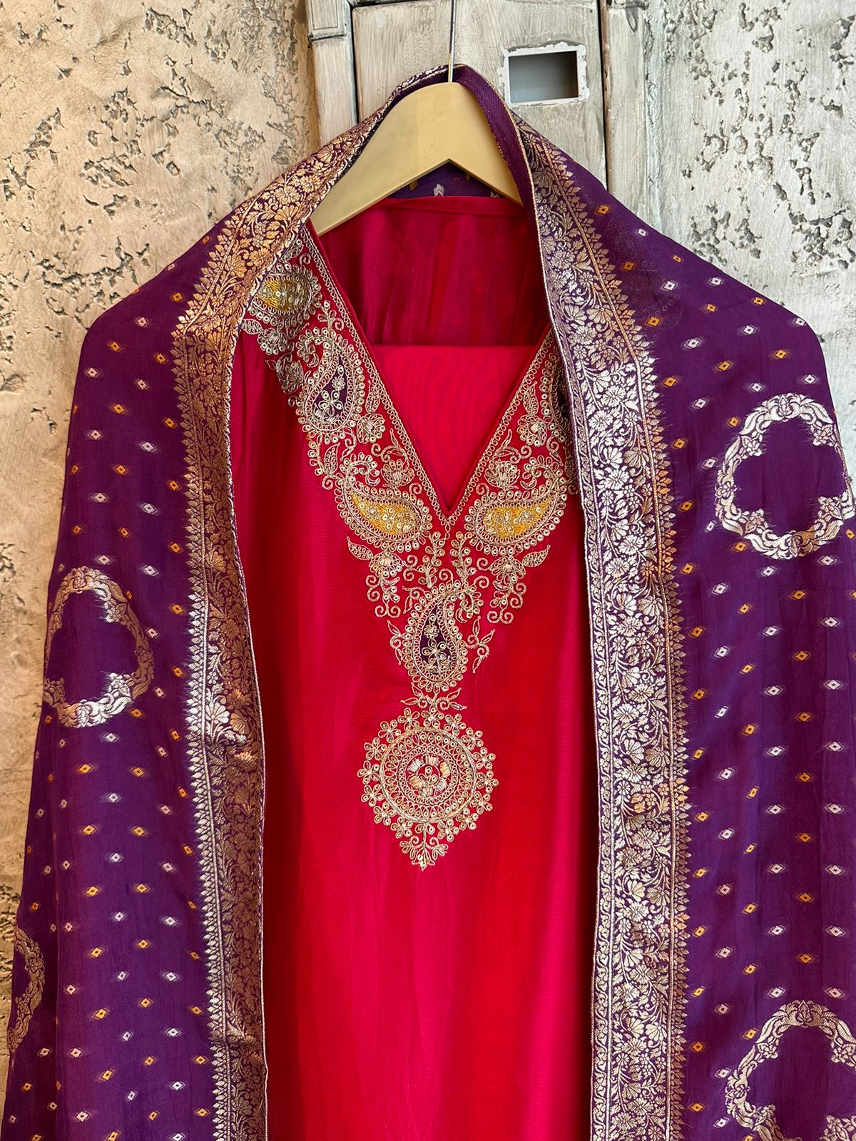 Pure russian silk unstitched shirt with beautiful embroidery on neck