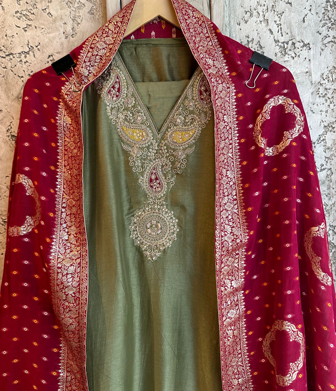 Pure russian silk unstitched shirt with beautiful embroidery on neck