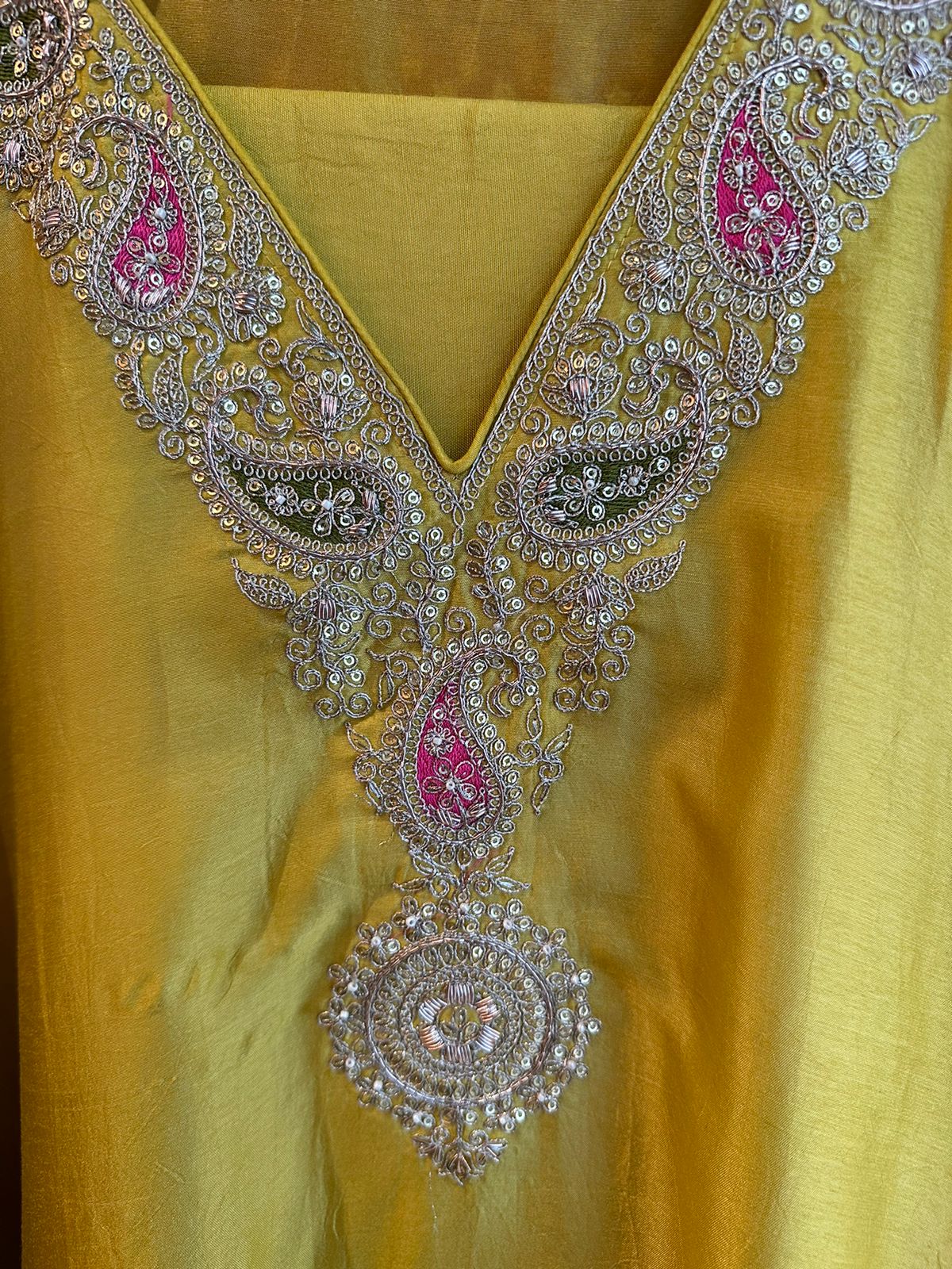 Pure russian silk unstitched shirt with beautiful embroidery on neck