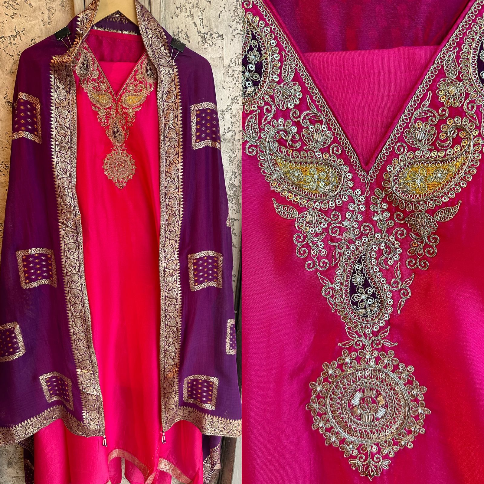 Pure russian silk unstitched shirt with beautiful embroidery on neck