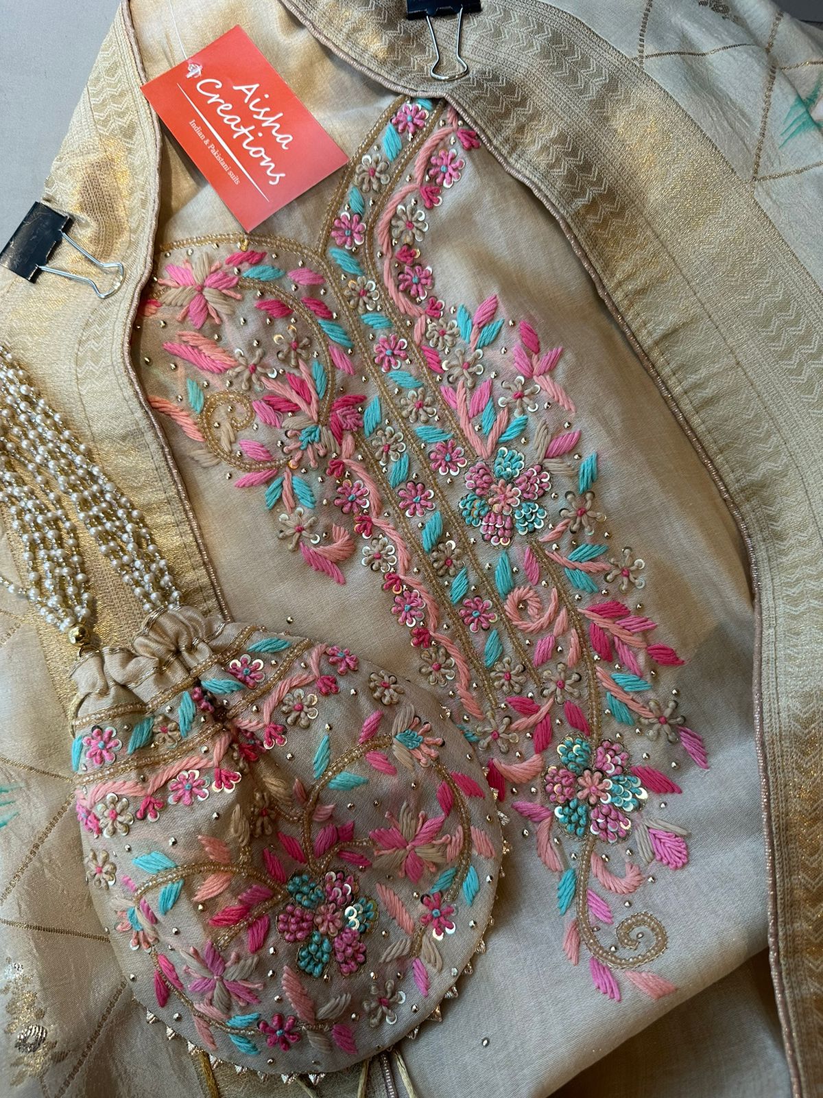 Pure chanderi unstitched full size shirt with very beautiful threadwork on the neckline with dabka and sequence highlights