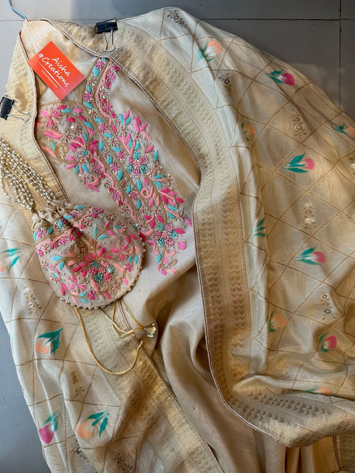 Pure chanderi unstitched full size shirt with very beautiful threadwork on the neckline with dabka and sequence highlights