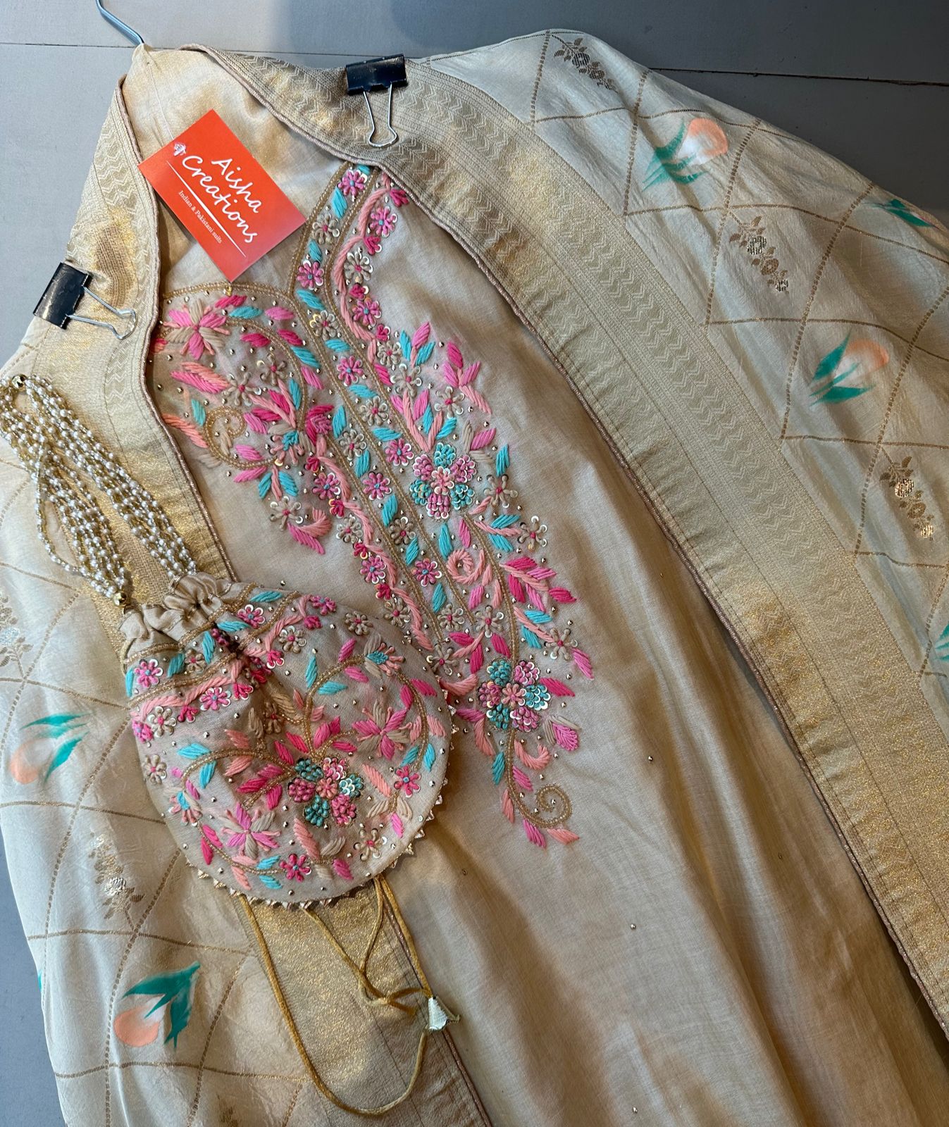 Pure chanderi unstitched full size shirt with very beautiful threadwork on the neckline with dabka and sequence highlights